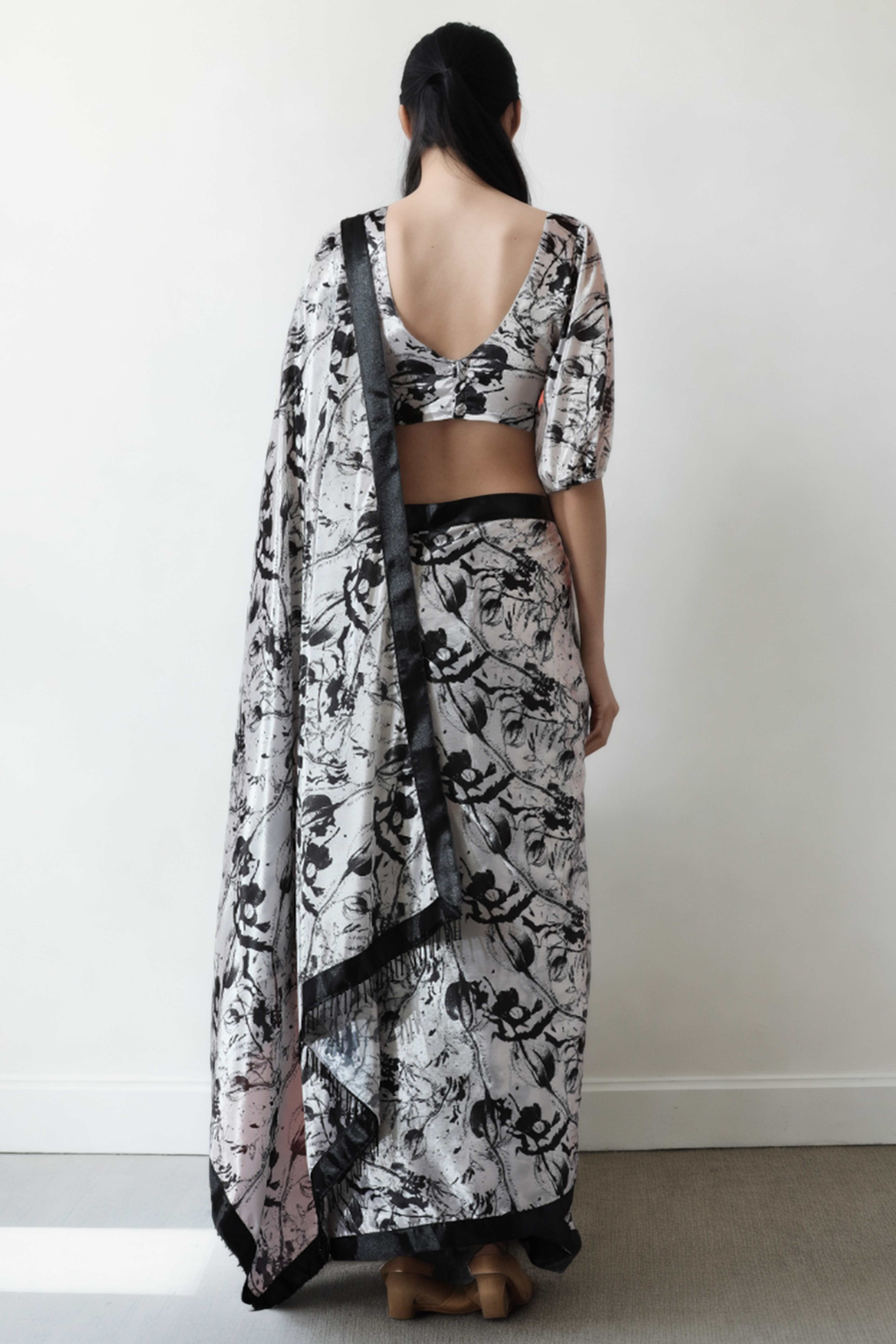 White & Black Digital Printed With Intricate Lace Border Pallu Chinon Ready To Wear Saree