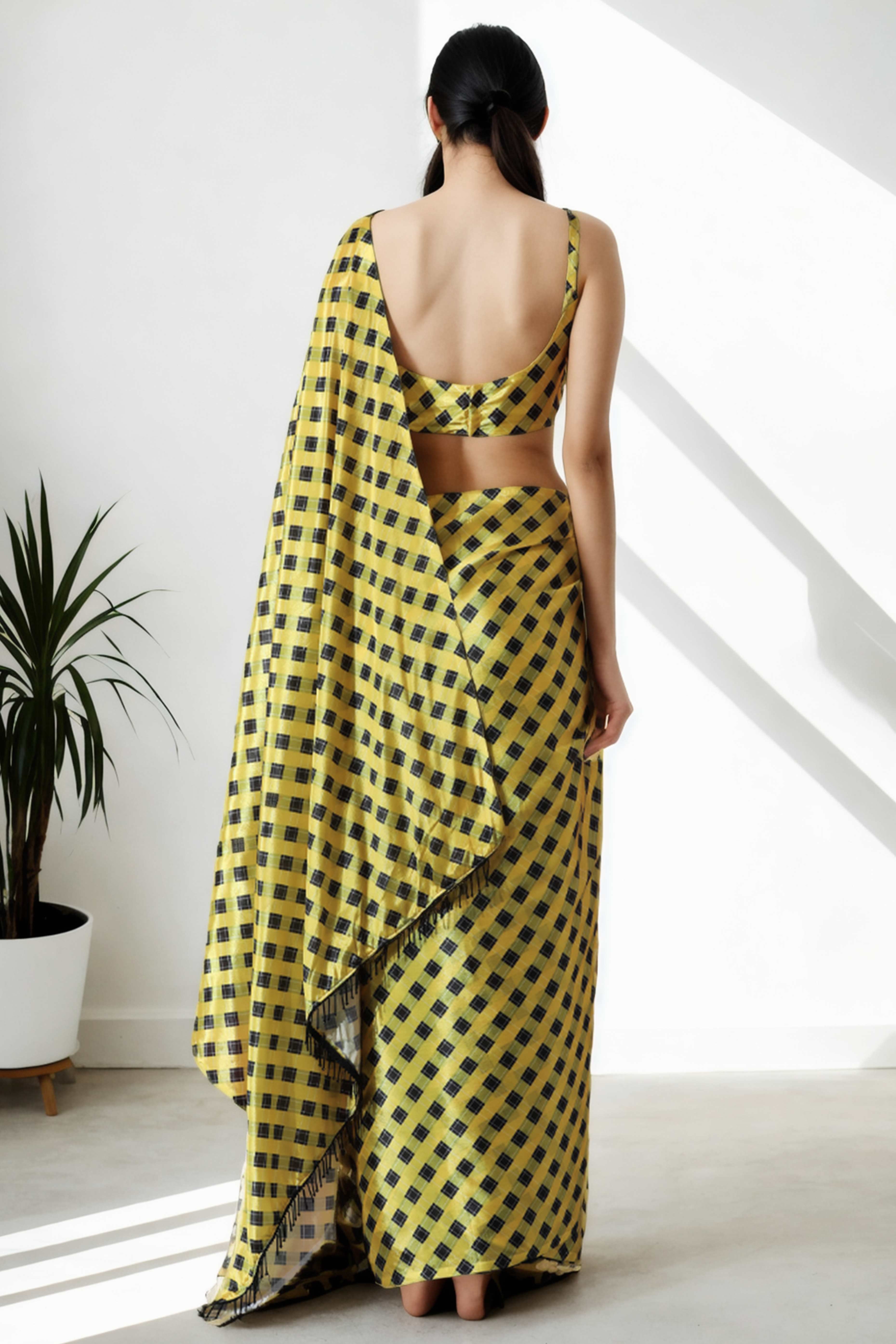 Yellow Checks Digital Printed With Intricate Lace Border Pallu Chinon Ready To Wear Saree