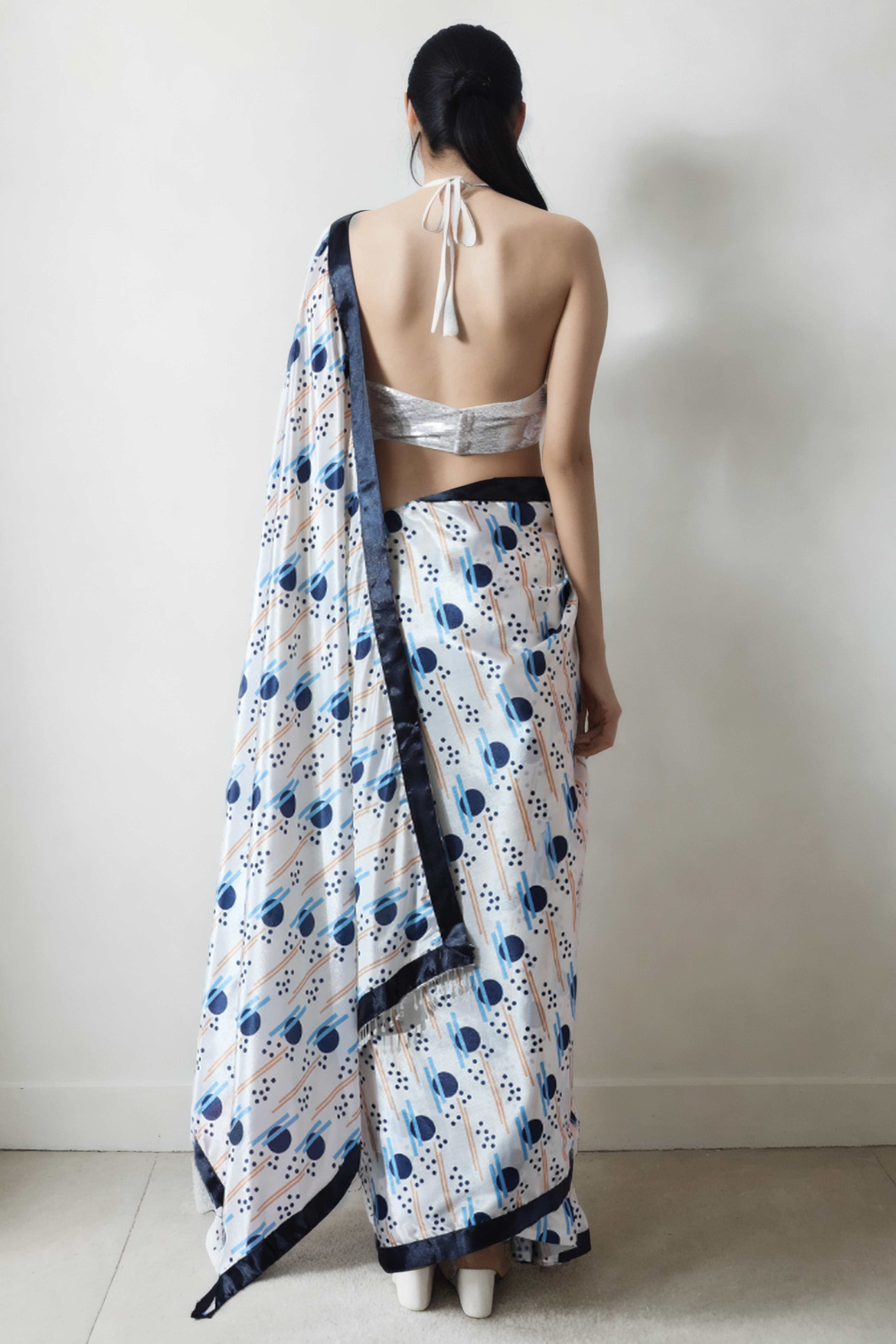 White Geometric Digital Printed With Intricate Lace Border Pallu Chinon Ready To Wear Saree