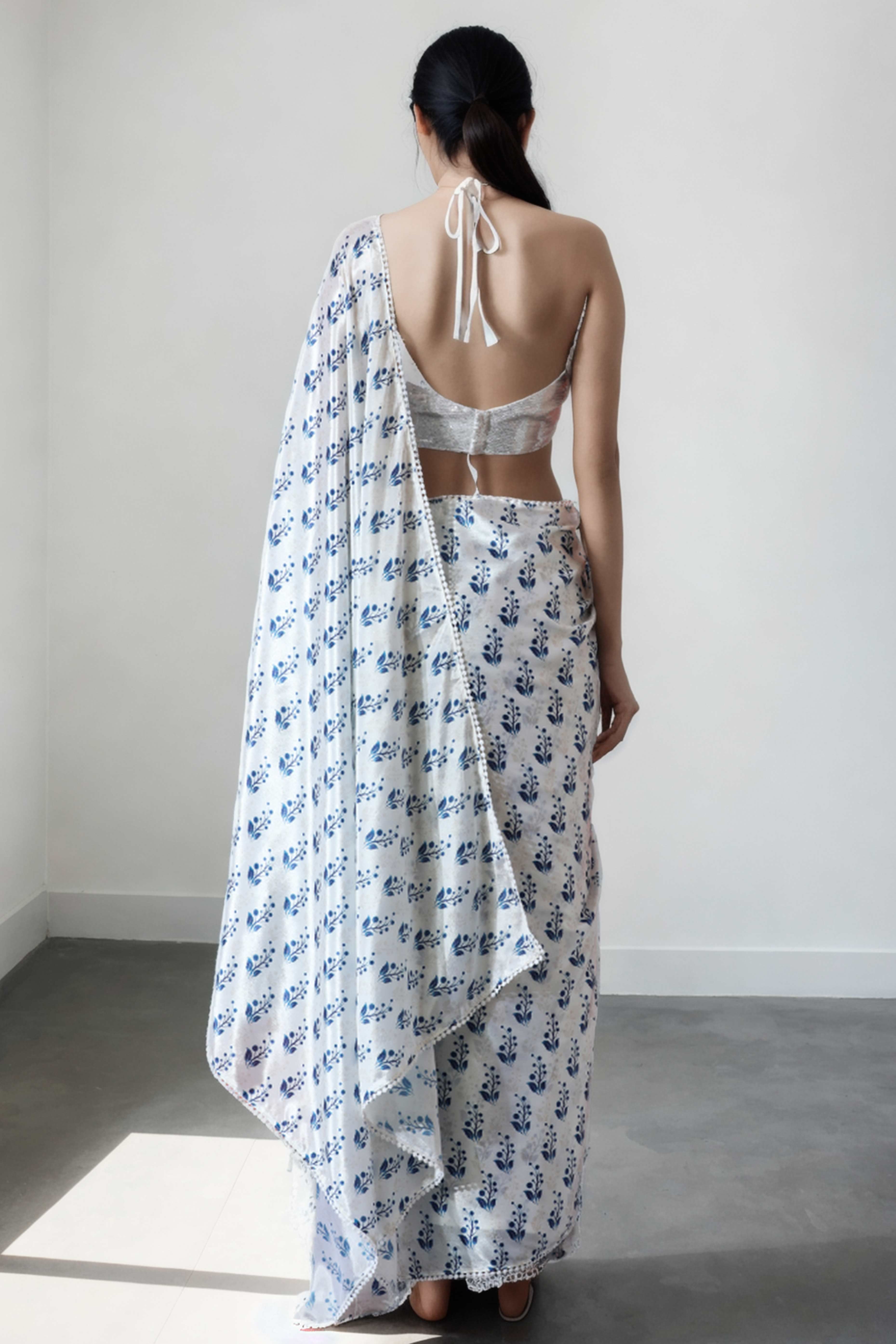 White & Blue Floral Digital Printed With Delicate Lace Border Pallu Chinon Ready To Wear Saree