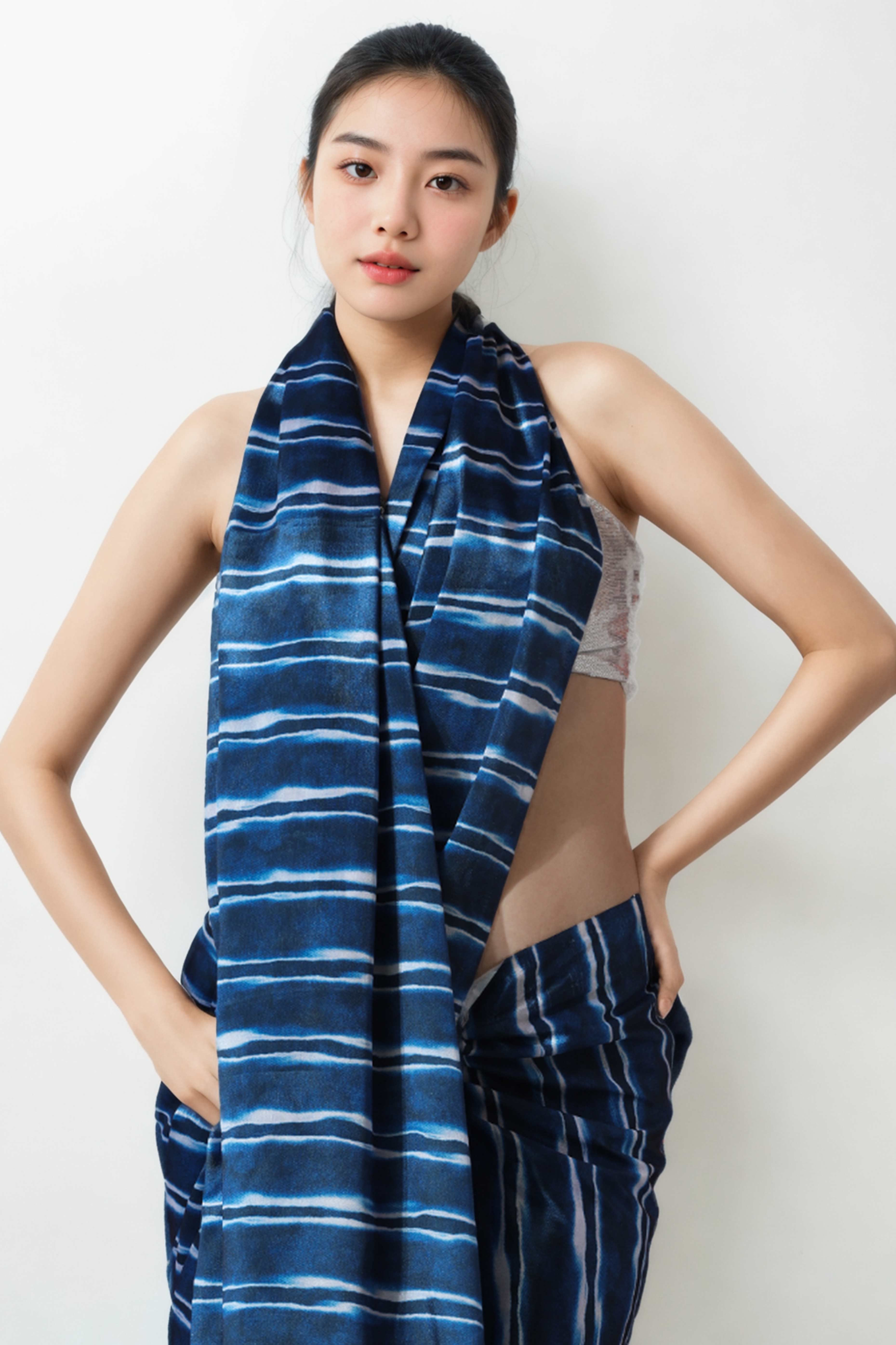 Blue Striped Digital Printed With Delicate Lace Border Pallu Chinon Ready To Wear Saree