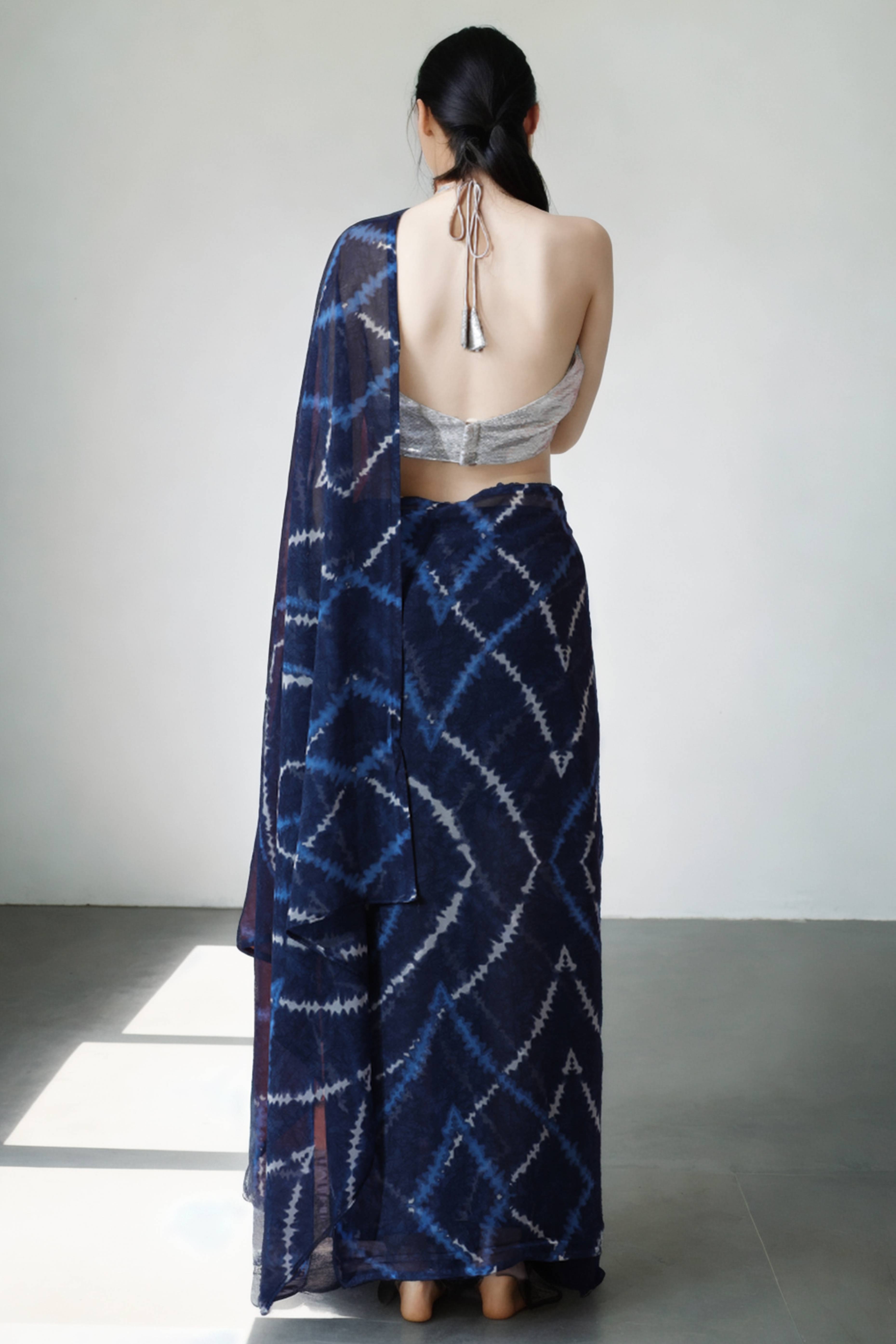 Navy Blue Printed Marbel Chiffon Ready To Wear Saree