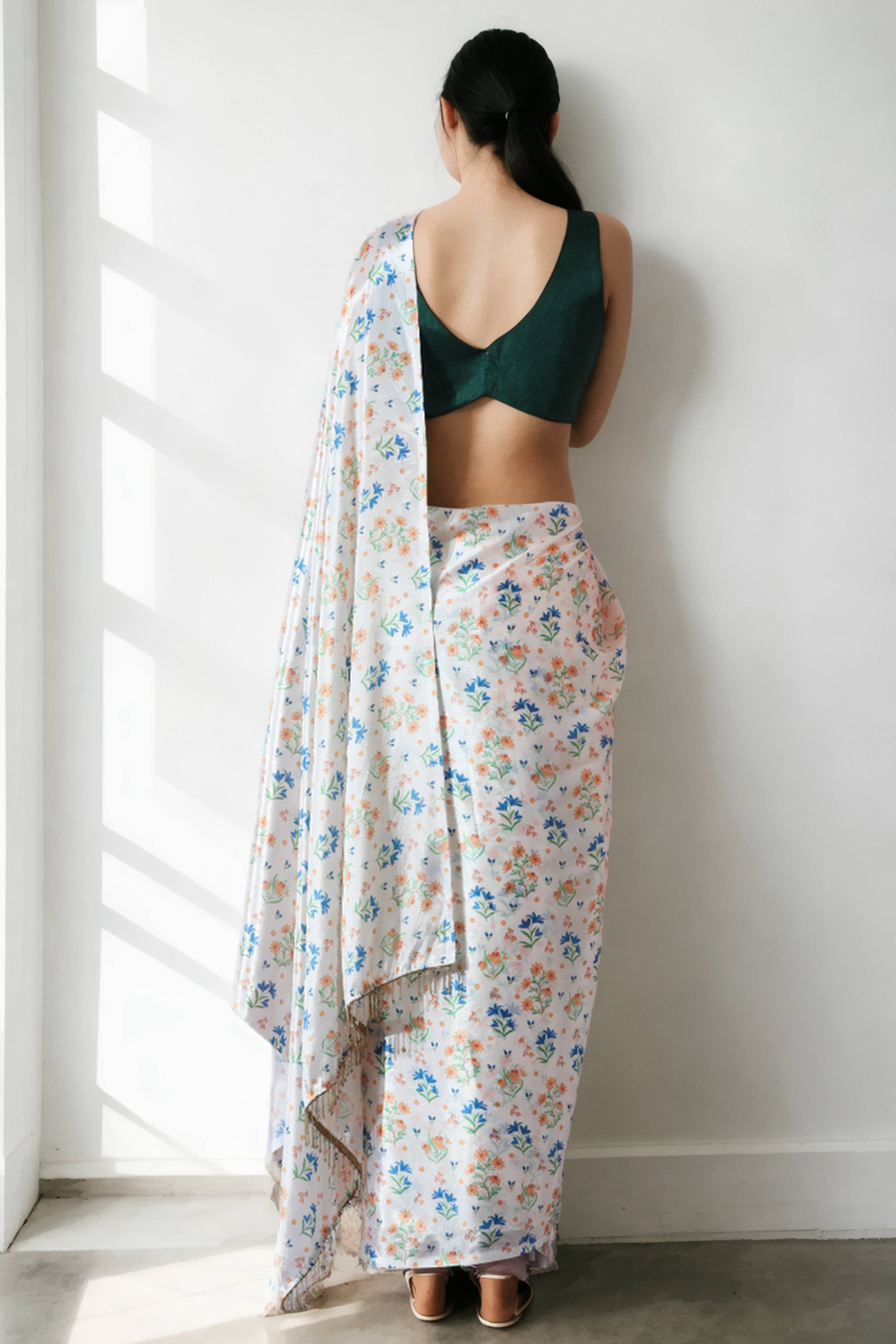 Offwhite Floral Digital Printed With Delicate Lace Border Pallu Chinon Ready To Wear Saree