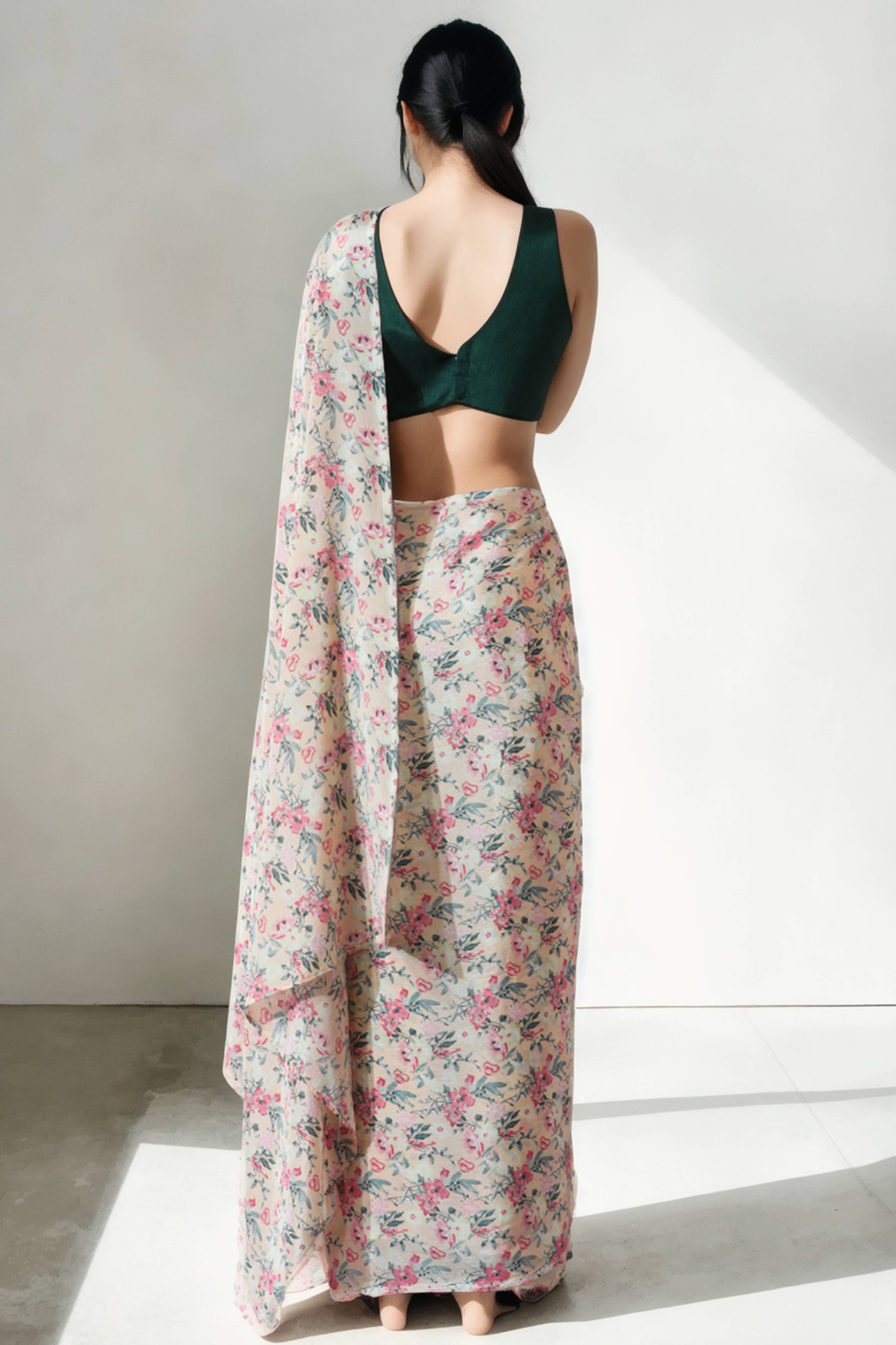 Cream Floral Digital Printed Chinon Ready To Wear Saree