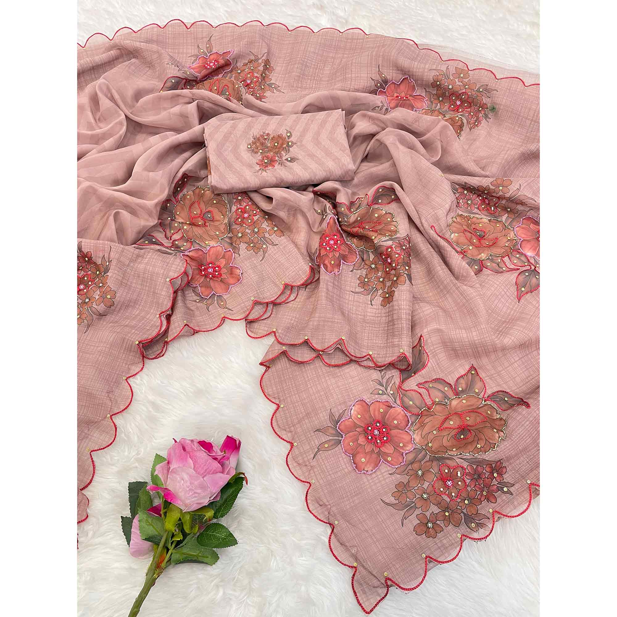 Designer Dusty Pink Tabby Organza Saree with Floral Patterns and Intricate Handcrafted Details