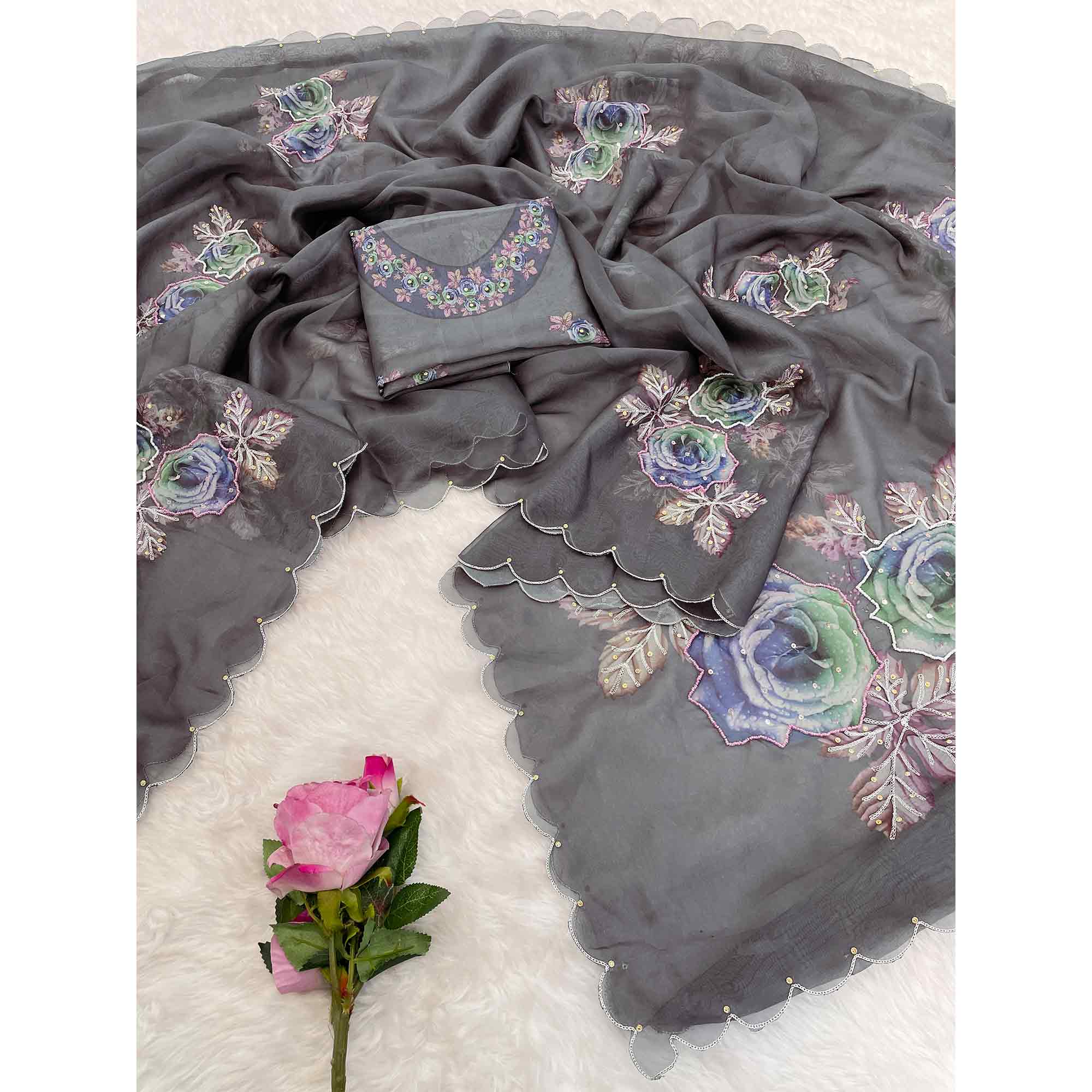 Festive Grey Floral Printed Tabby Organza Saree with Elegant Handwork Embroidery