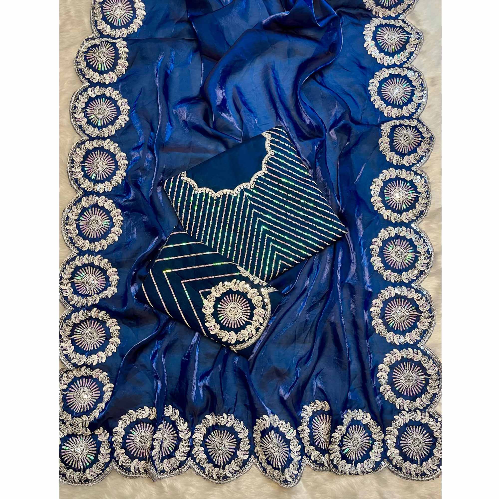 Designer Blue Fandy Satin Saree Featuring Intricate Sequins Embroidery for Elegant Styling