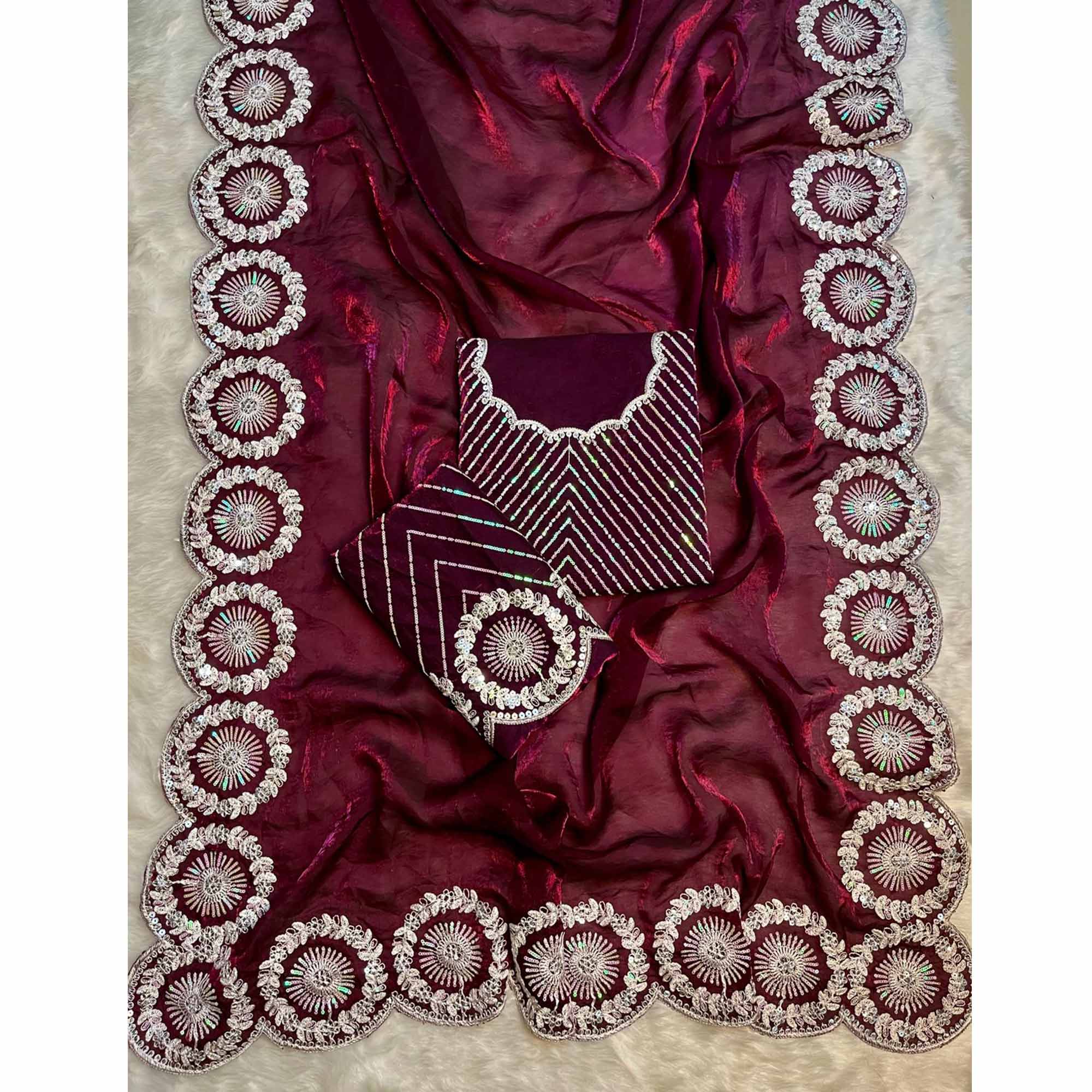 Designer Wine Fandy Satin Saree Featuring Intricate Sequins Embroidery for Elegant Styling