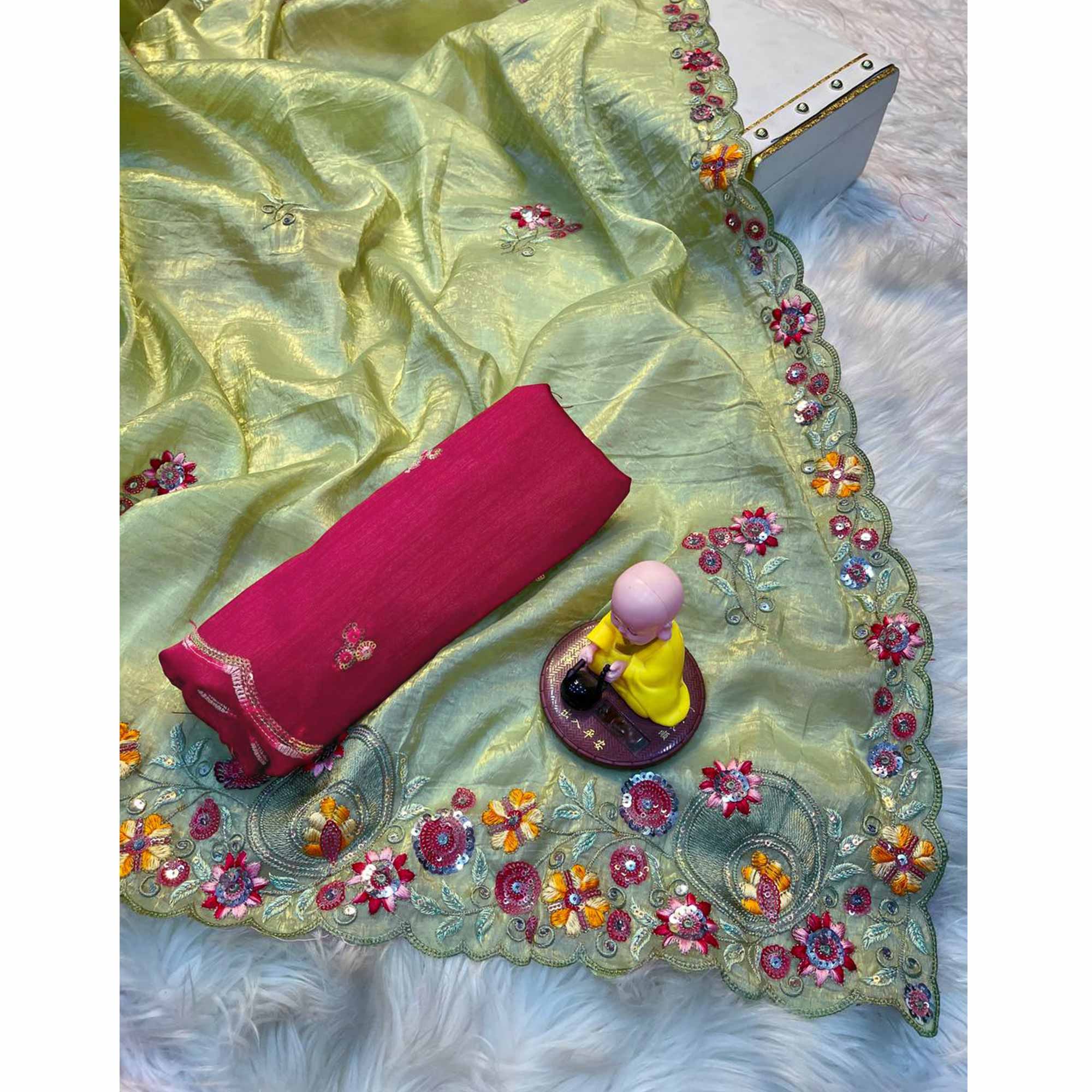 Premium Green Crush Satin Saree with Beautiful Floral Embroidery