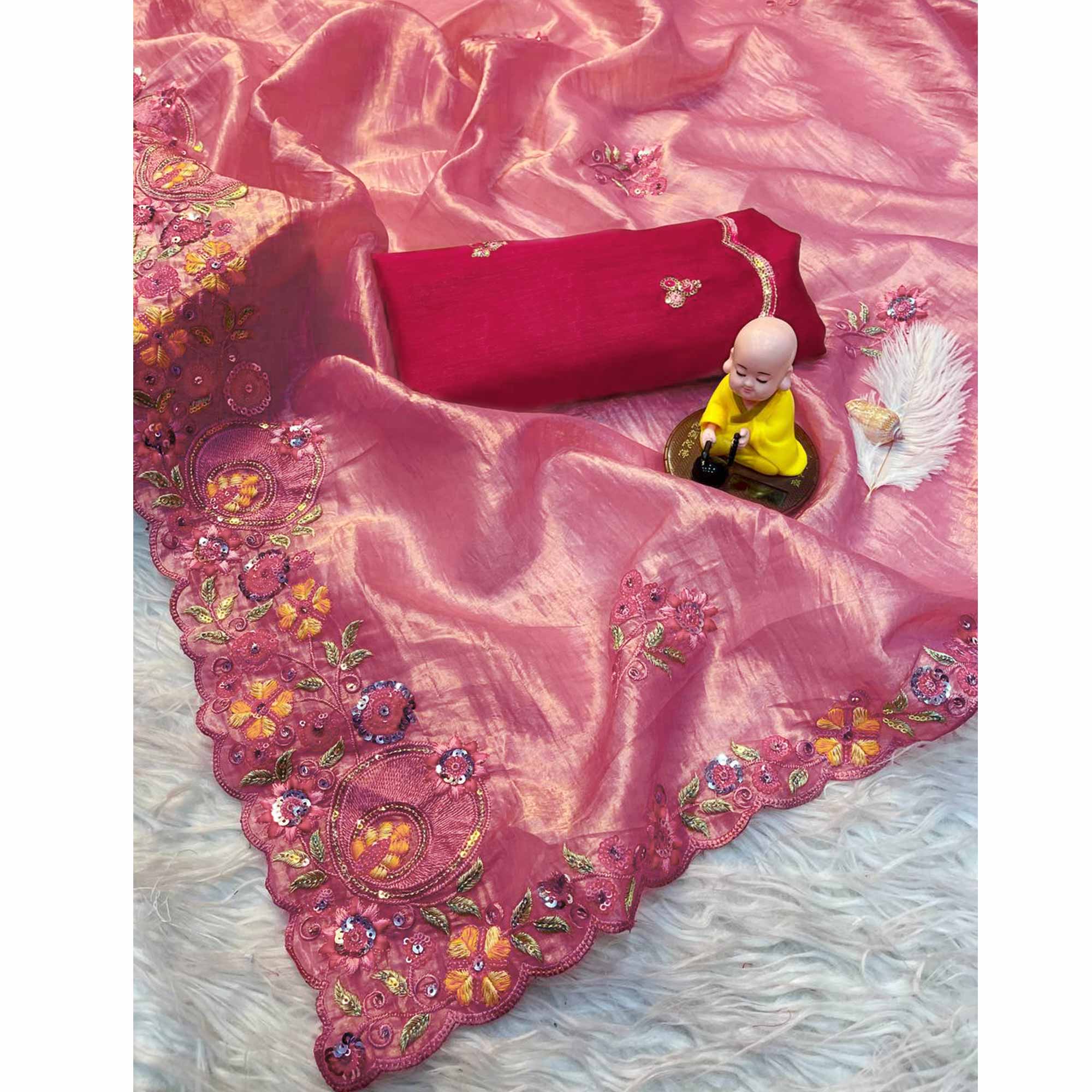 Premium Pink Crush Satin Saree with Beautiful Floral Embroidery