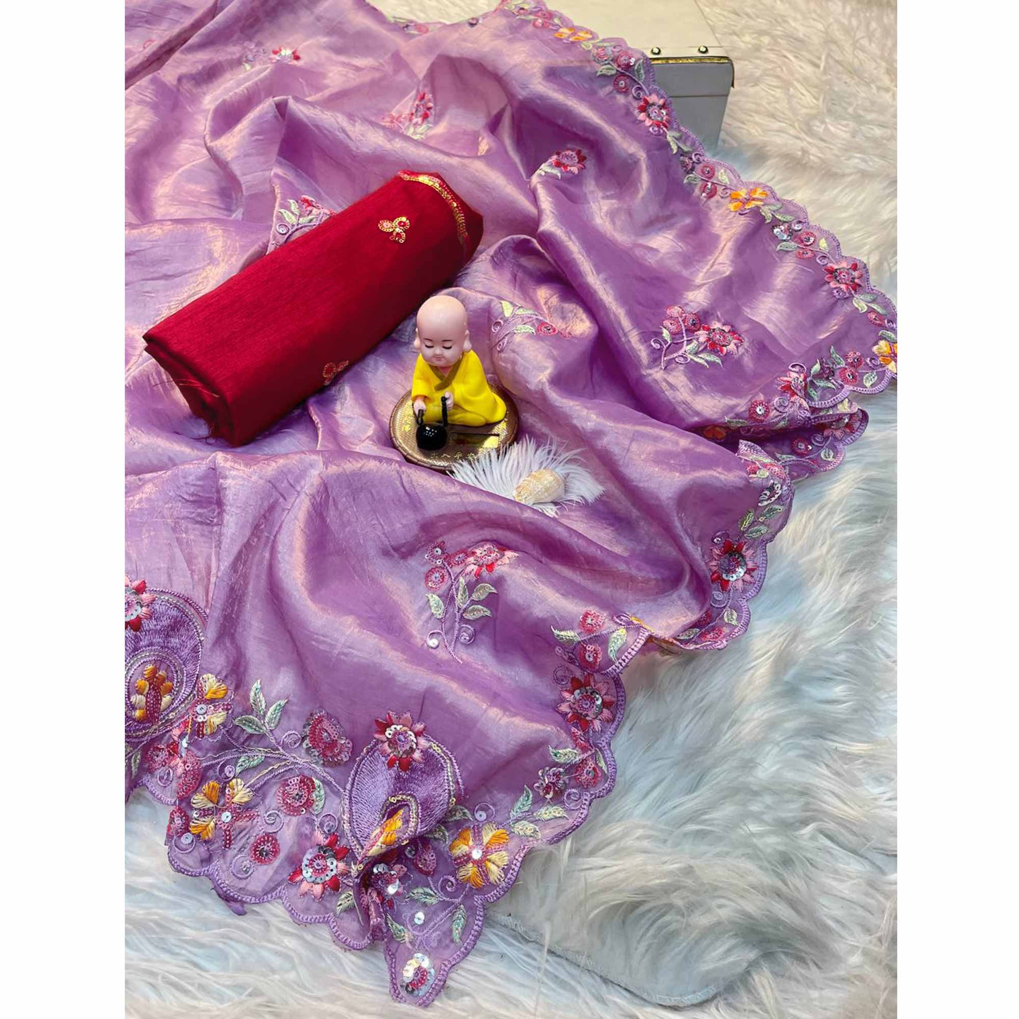 Premium Purple Crush Satin Saree with Beautiful Floral Embroidery