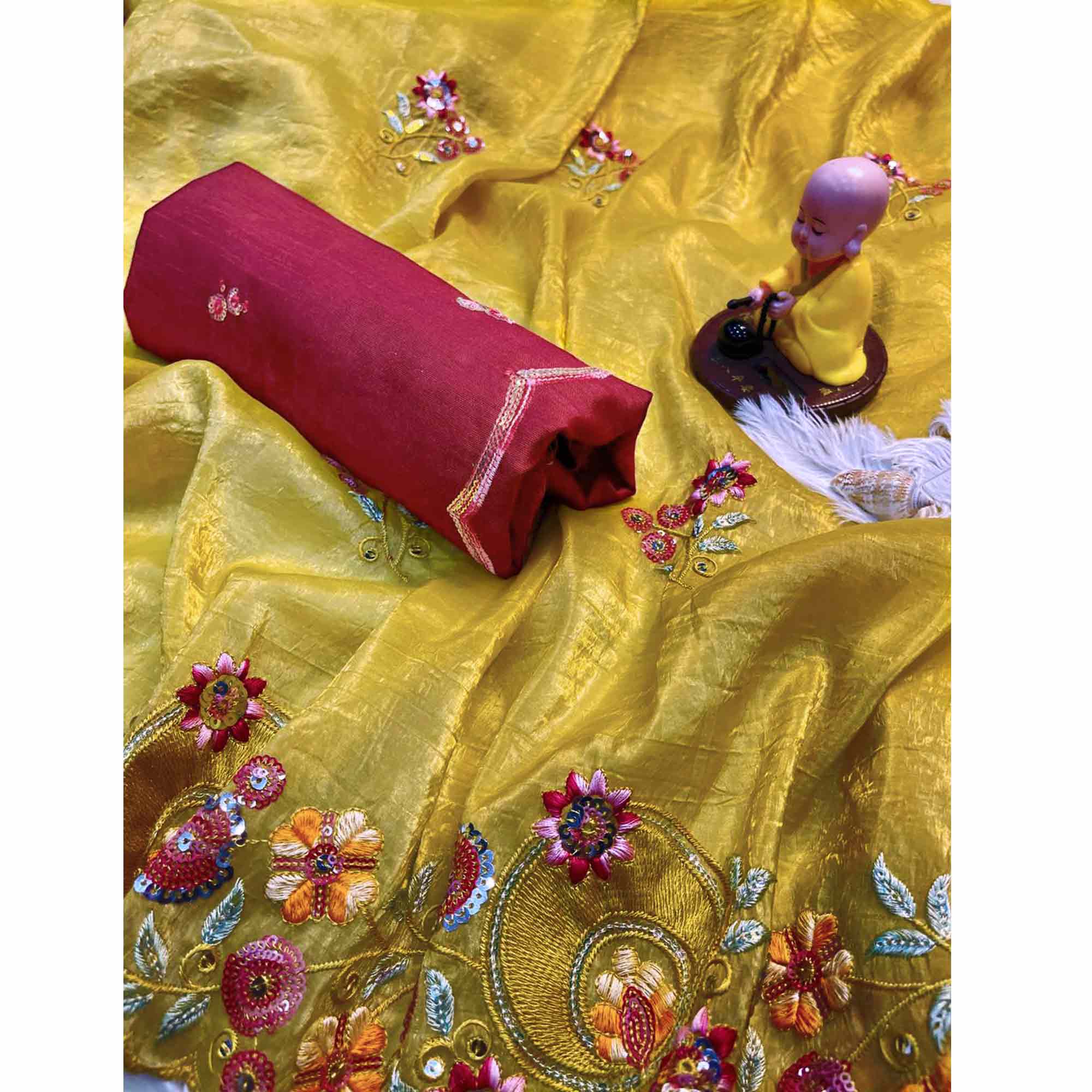 Premium Yellow Crush Satin Saree with Beautiful Floral Embroidery