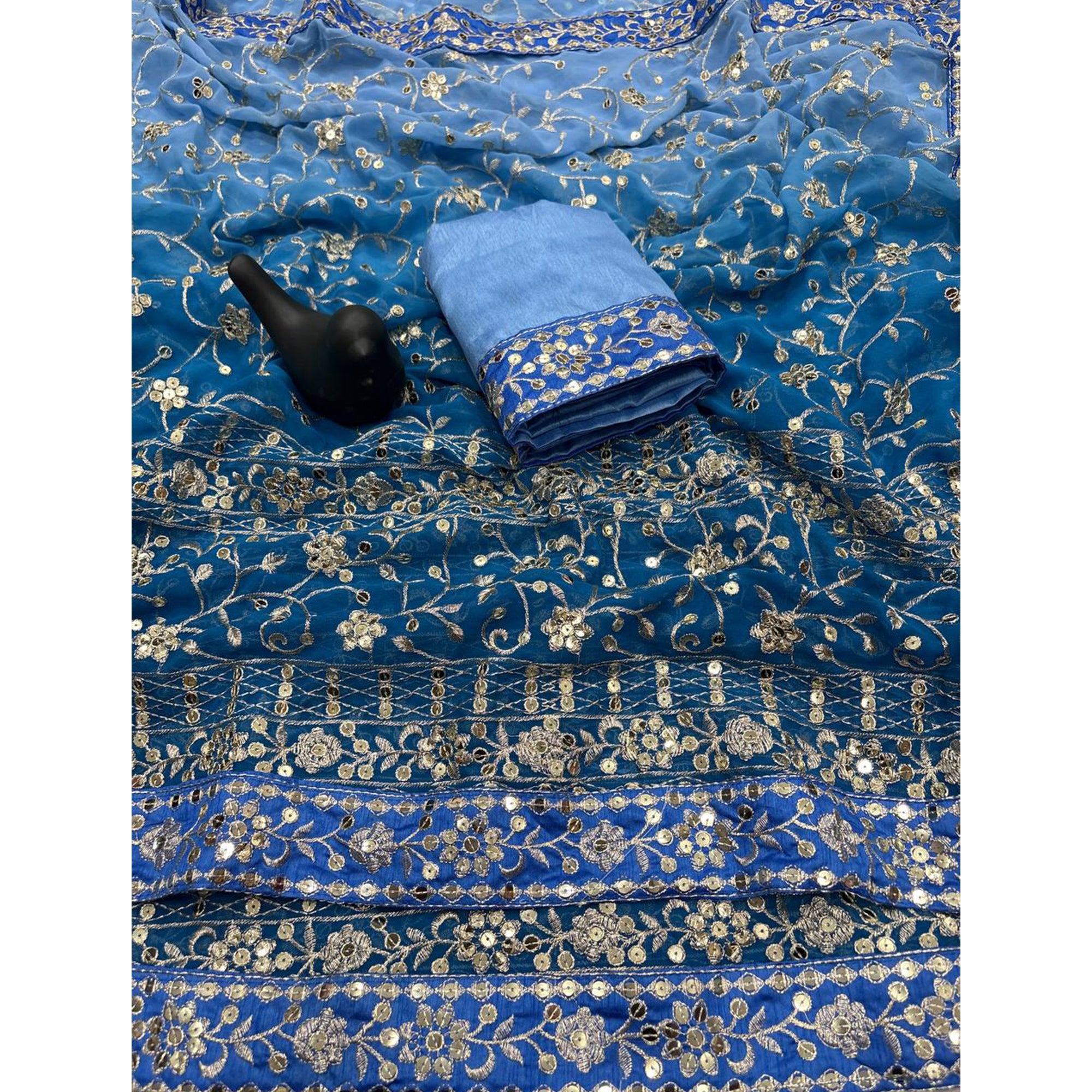 Beautiful Sky Blue Partywear Saree Crafted in Georgette with Sequins and Thread Work