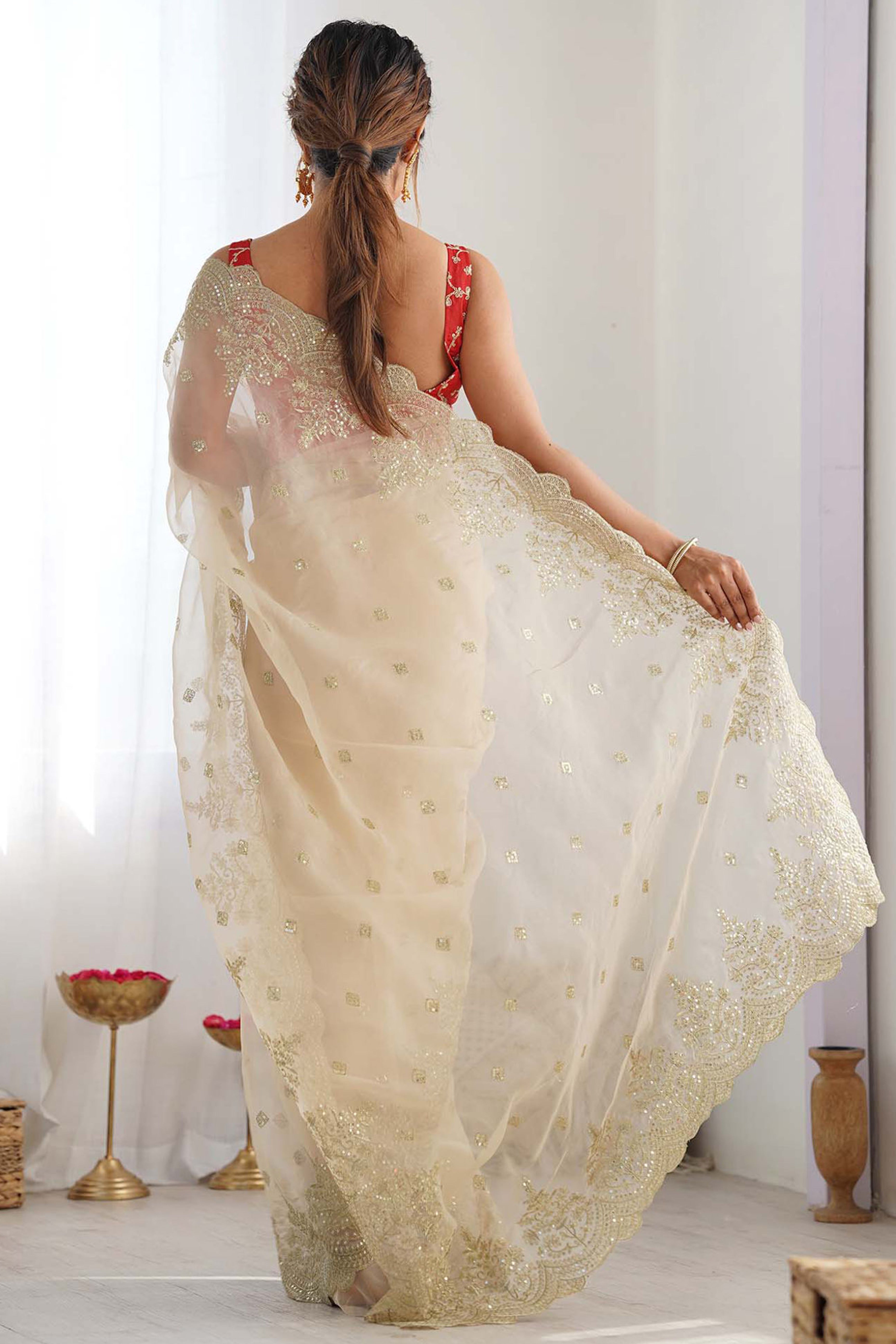 Luxury Cream Pure Organza Saree with Sequins Work for Festive Celebrations