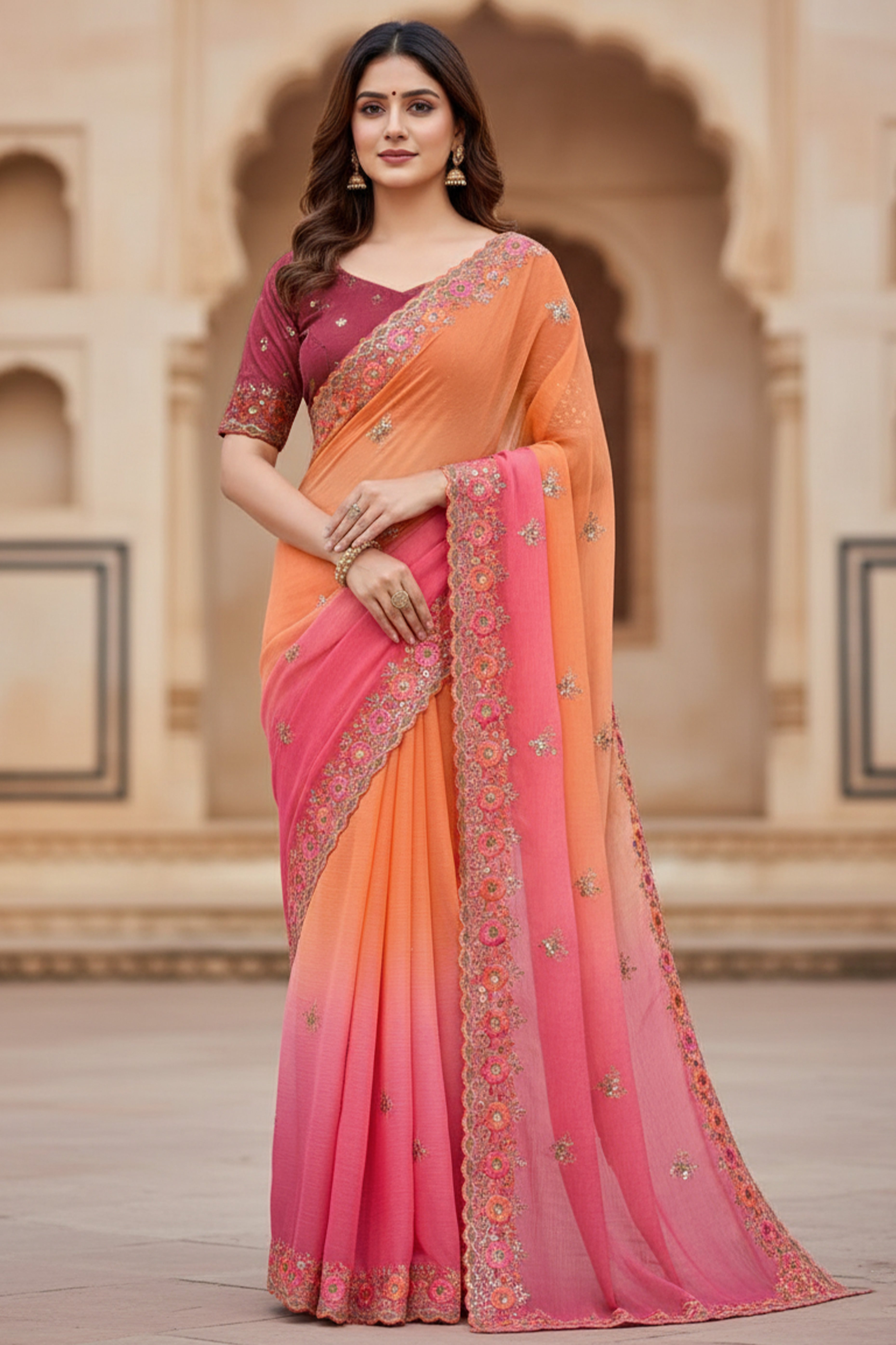 Radiant Orange Crunchy Ombre Saree Adorned with Floral Thread Embroidery & Sequins Work