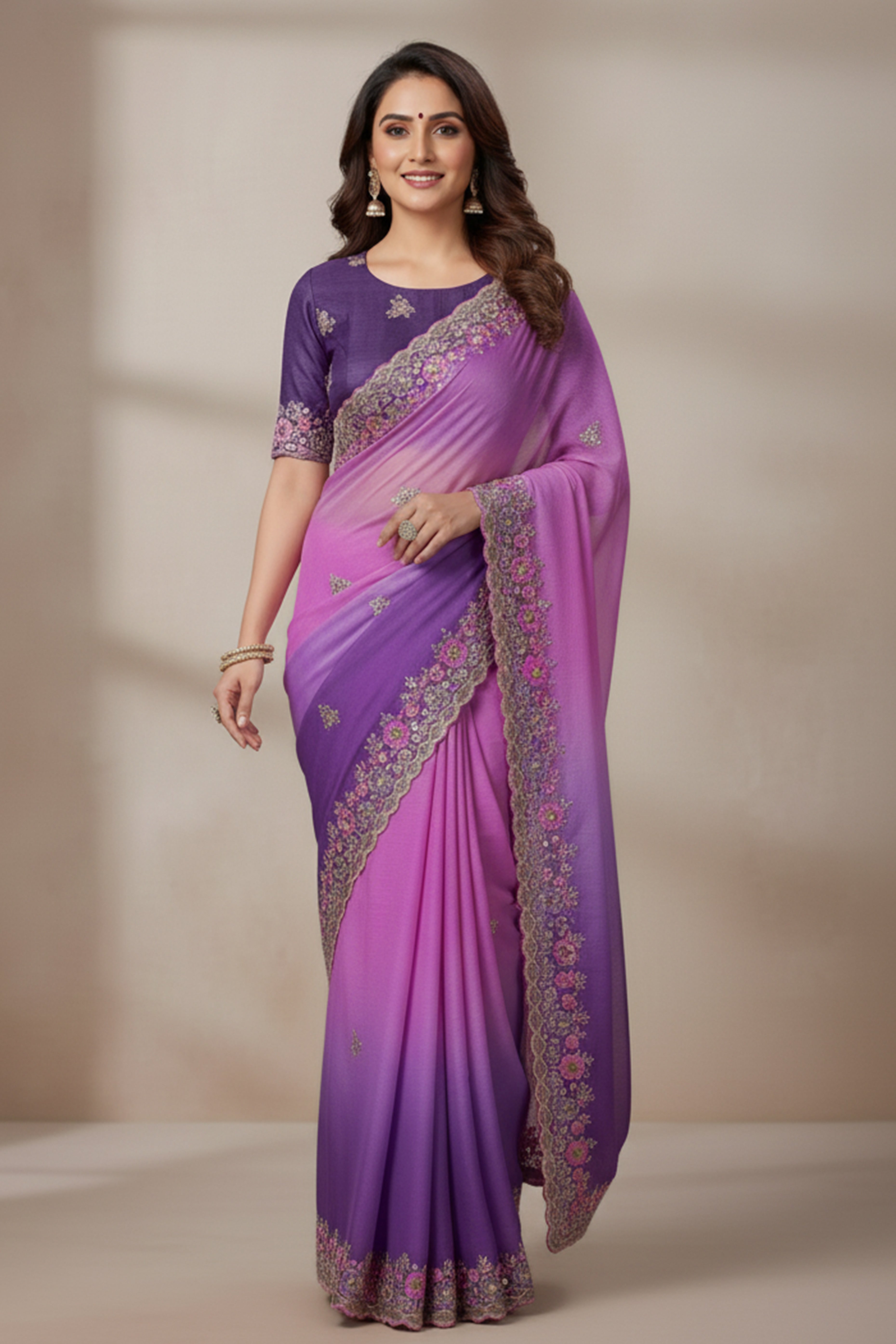 Radiant Purple Crunchy Ombre Saree Adorned with Floral Thread Embroidery & Sequins Work