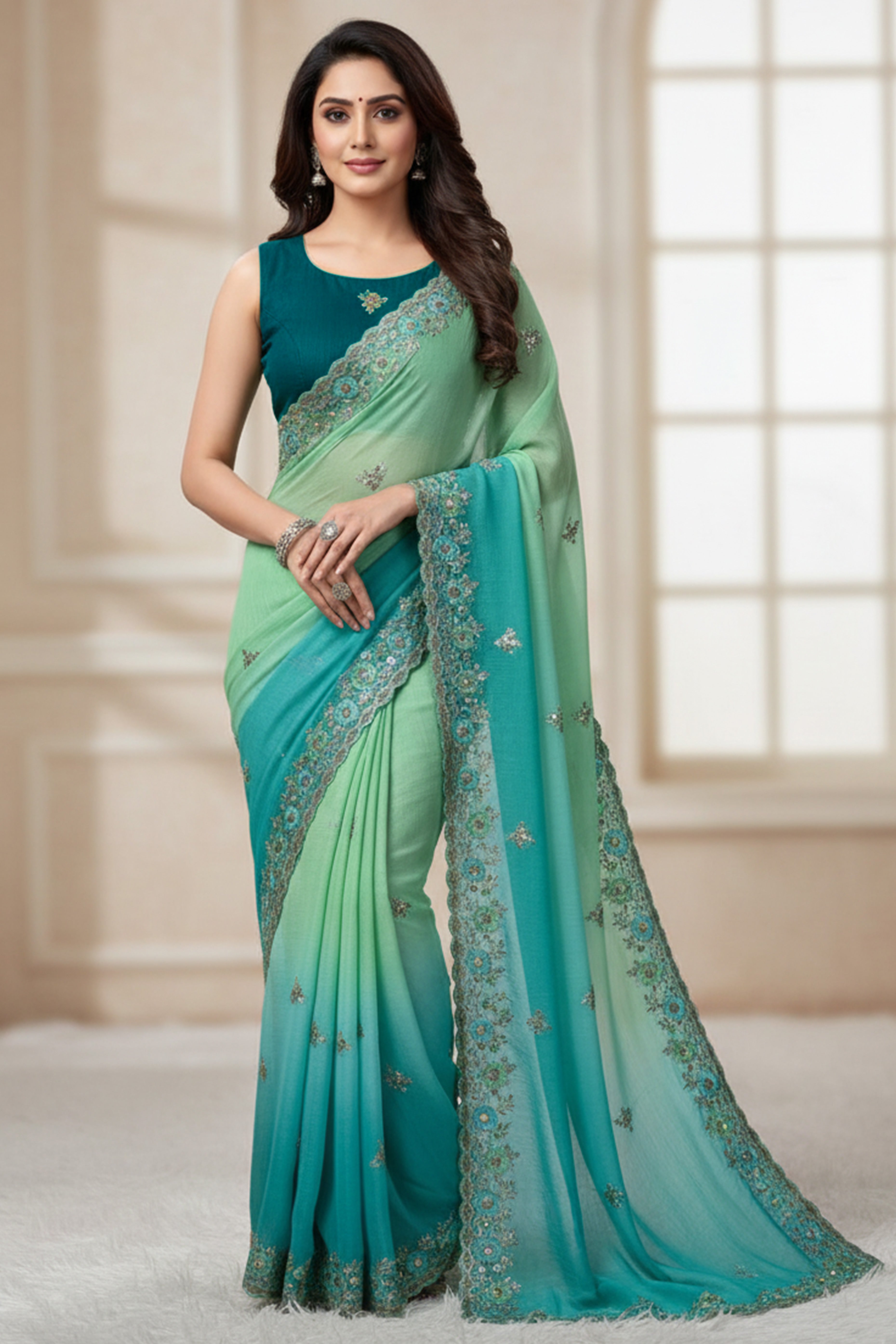 Radiant Teal Green Crunchy Ombre Saree Adorned with Floral Thread Embroidery & Sequins Work