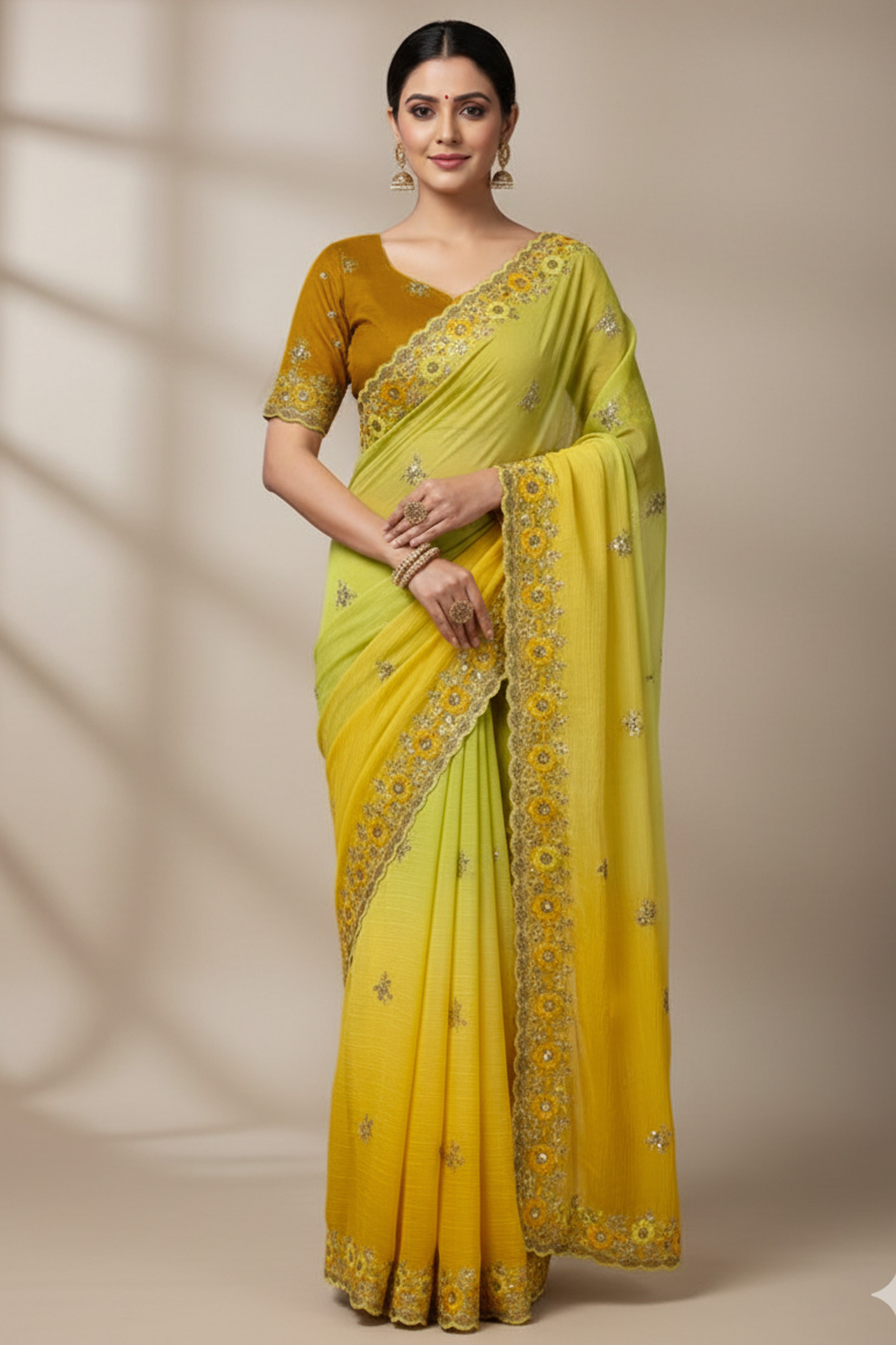 Radiant Yellow Crunchy Ombre Saree Adorned with Floral Thread Embroidery & Sequins Work