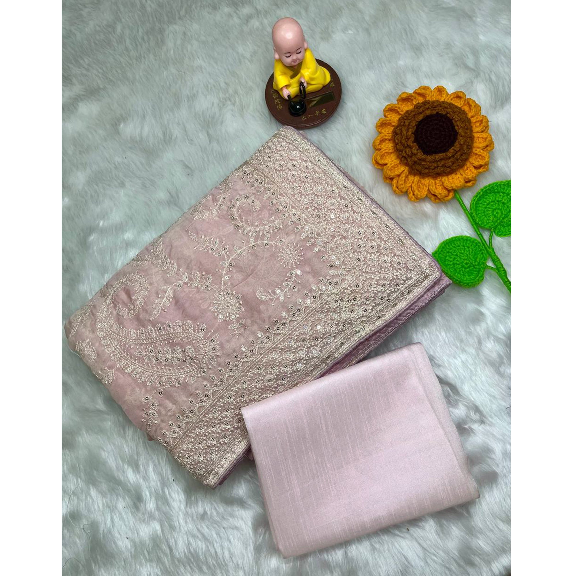 Lustrous Pink Organza Silk Saree Beautified With Paisley Embroidery & Glittering Sequins Work