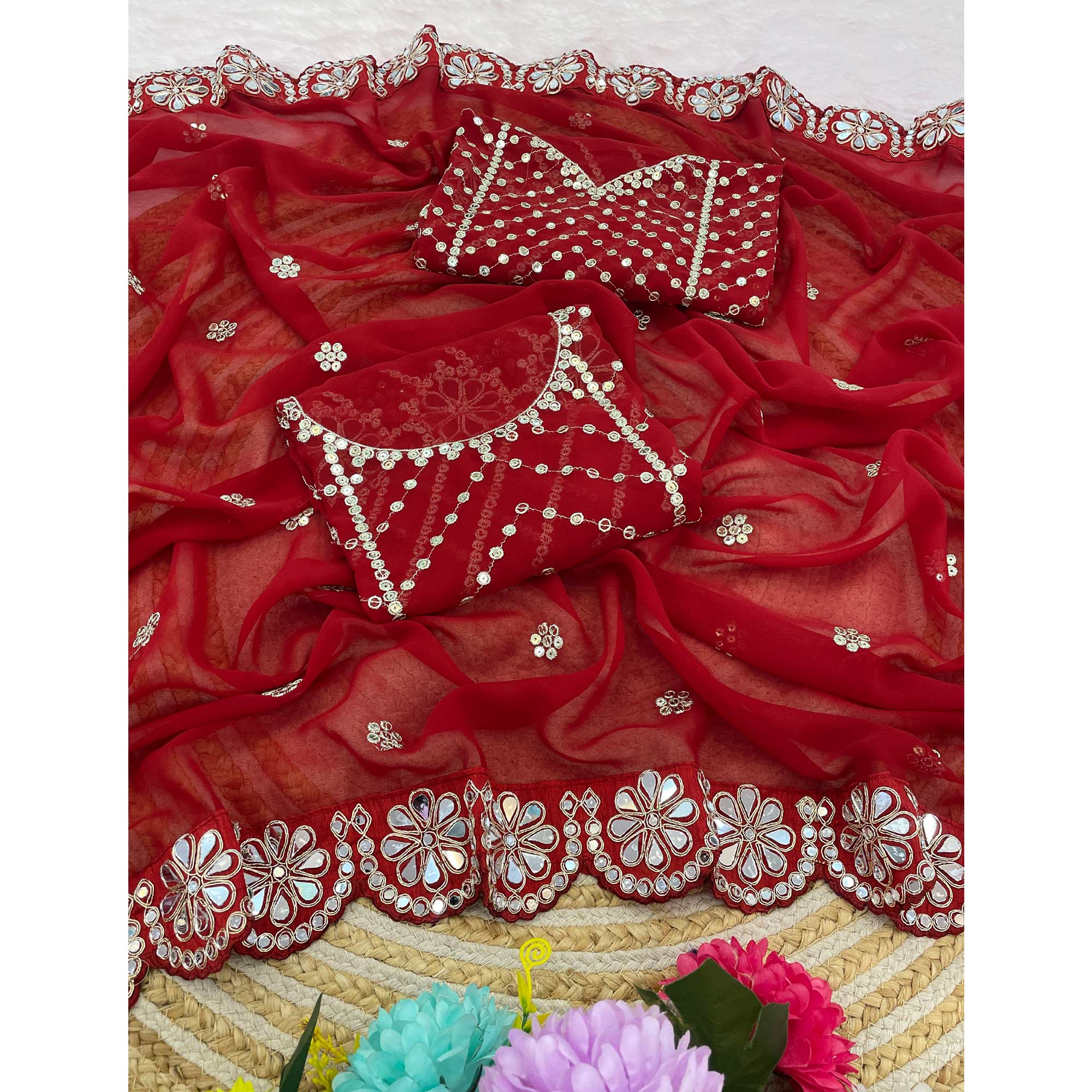Red Sequins Embellished Georgette Saree with Glamorous Party-Wear Finish