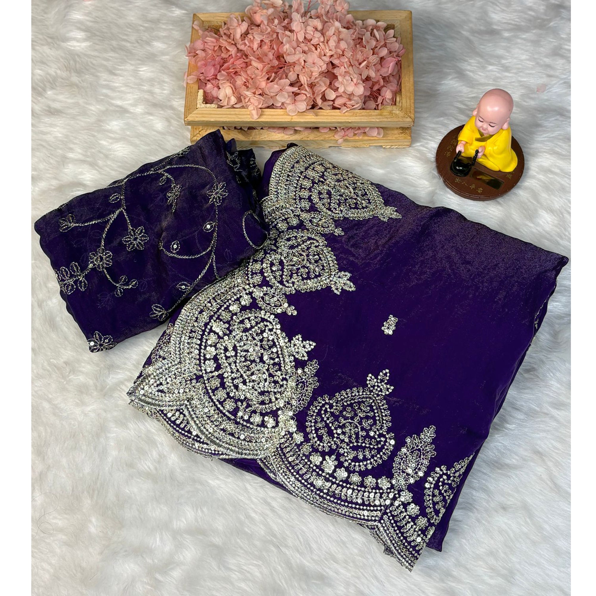 Designer Violet Fandy Satin Saree with All-Over Sequins Embellishments