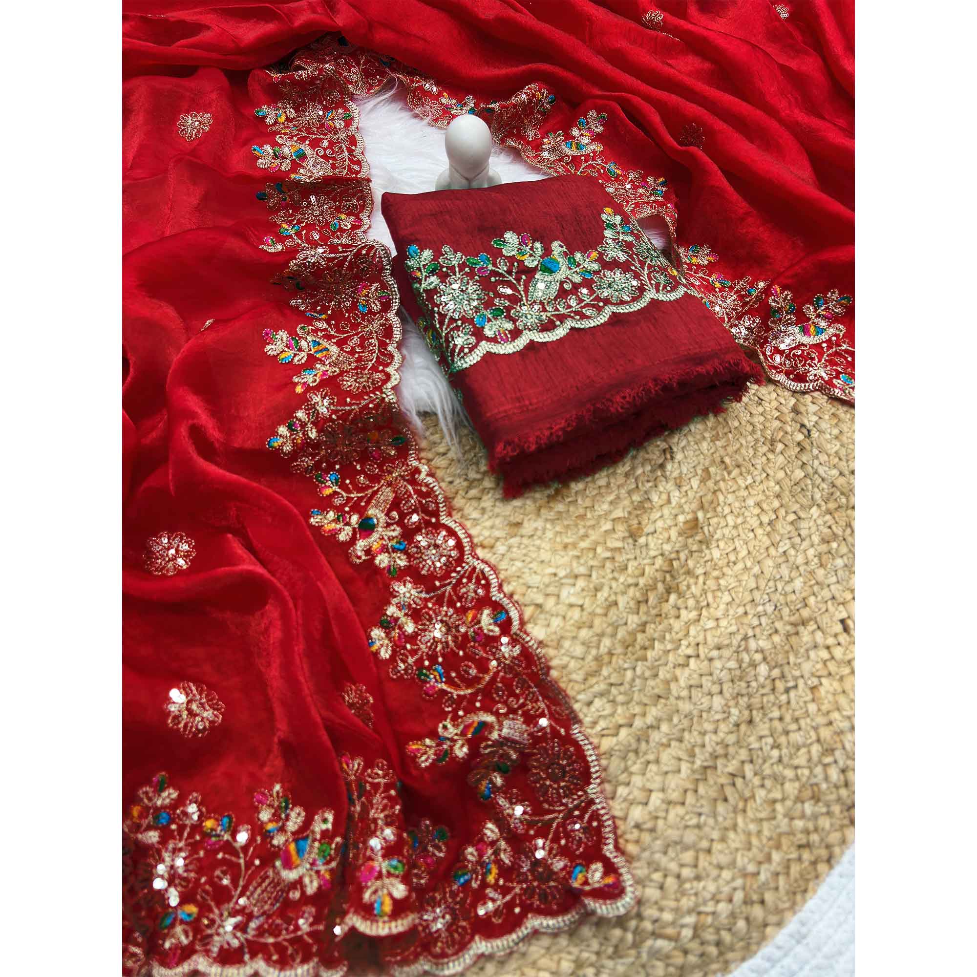 Red Organza Satin Silk Saree Beautifully Detailed with Elegant Floral Embroidery