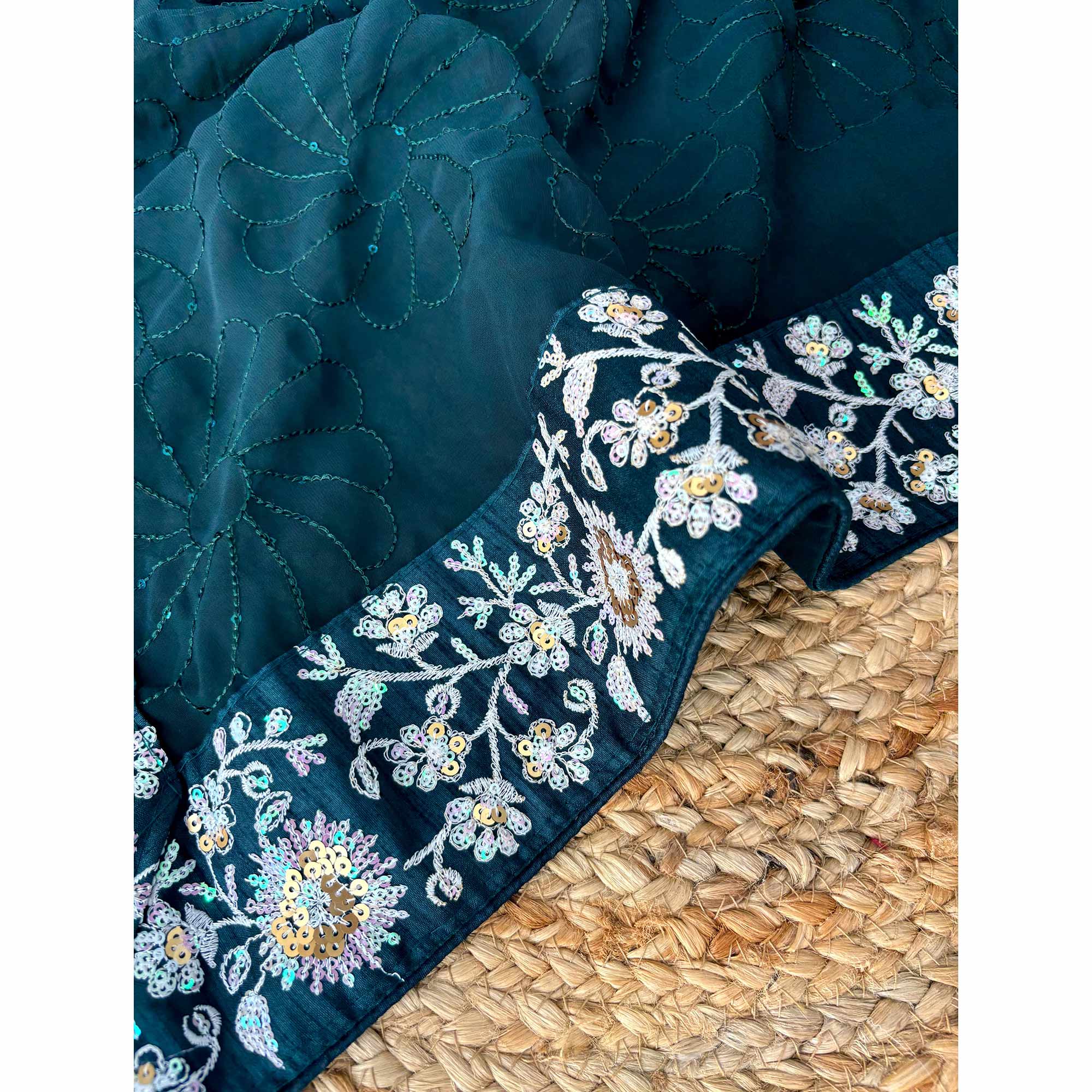 Teal Designer Saree In Georgette With Delicate Floral Sequins Embroidery Work