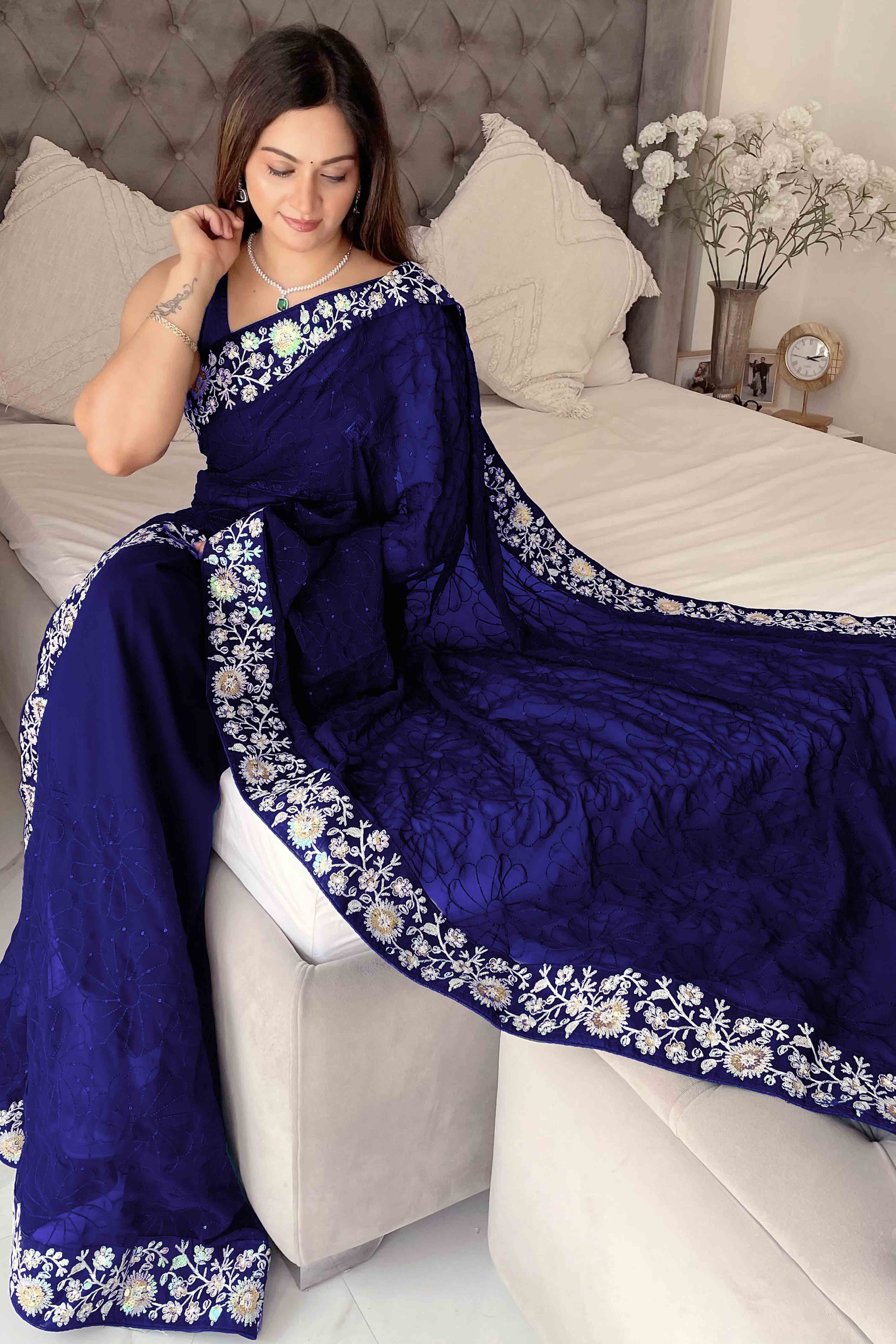 Royal Blue Designer Saree In Georgette With Delicate Floral Sequins Embroidery Work