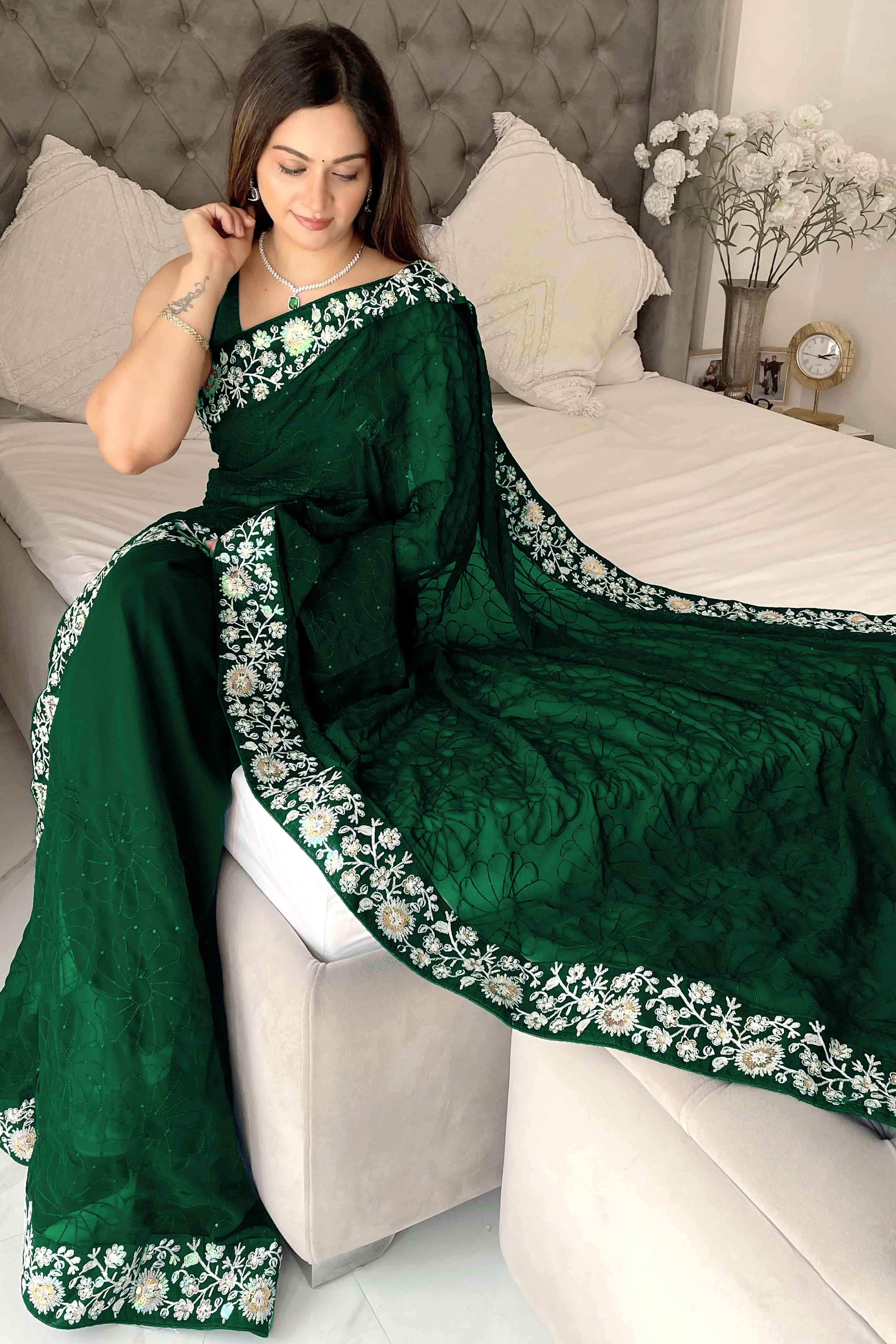 Green Designer Saree In Georgette With Delicate Floral Sequins Embroidery Work