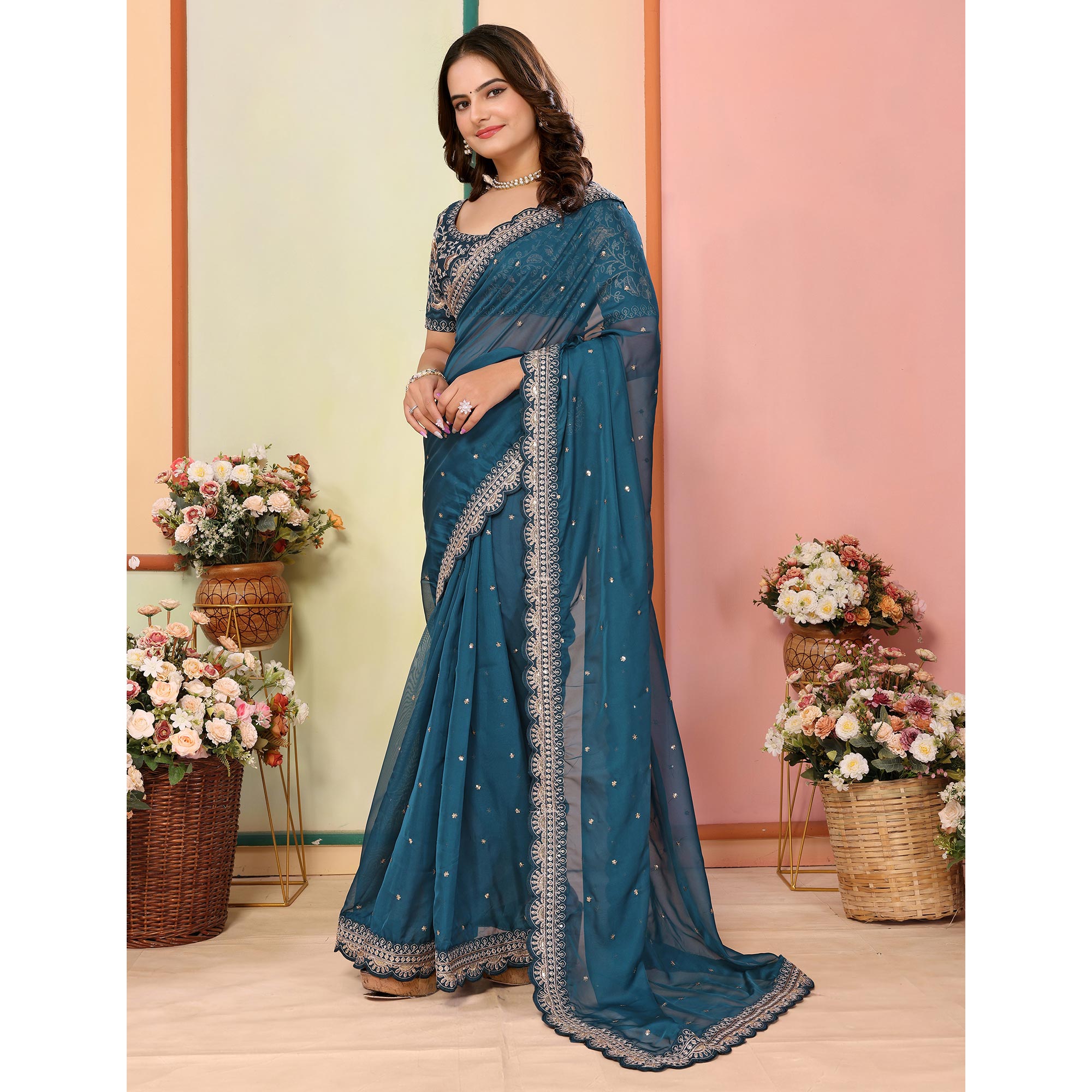Blue Sequins Embroidered Embroidered Organza Saree