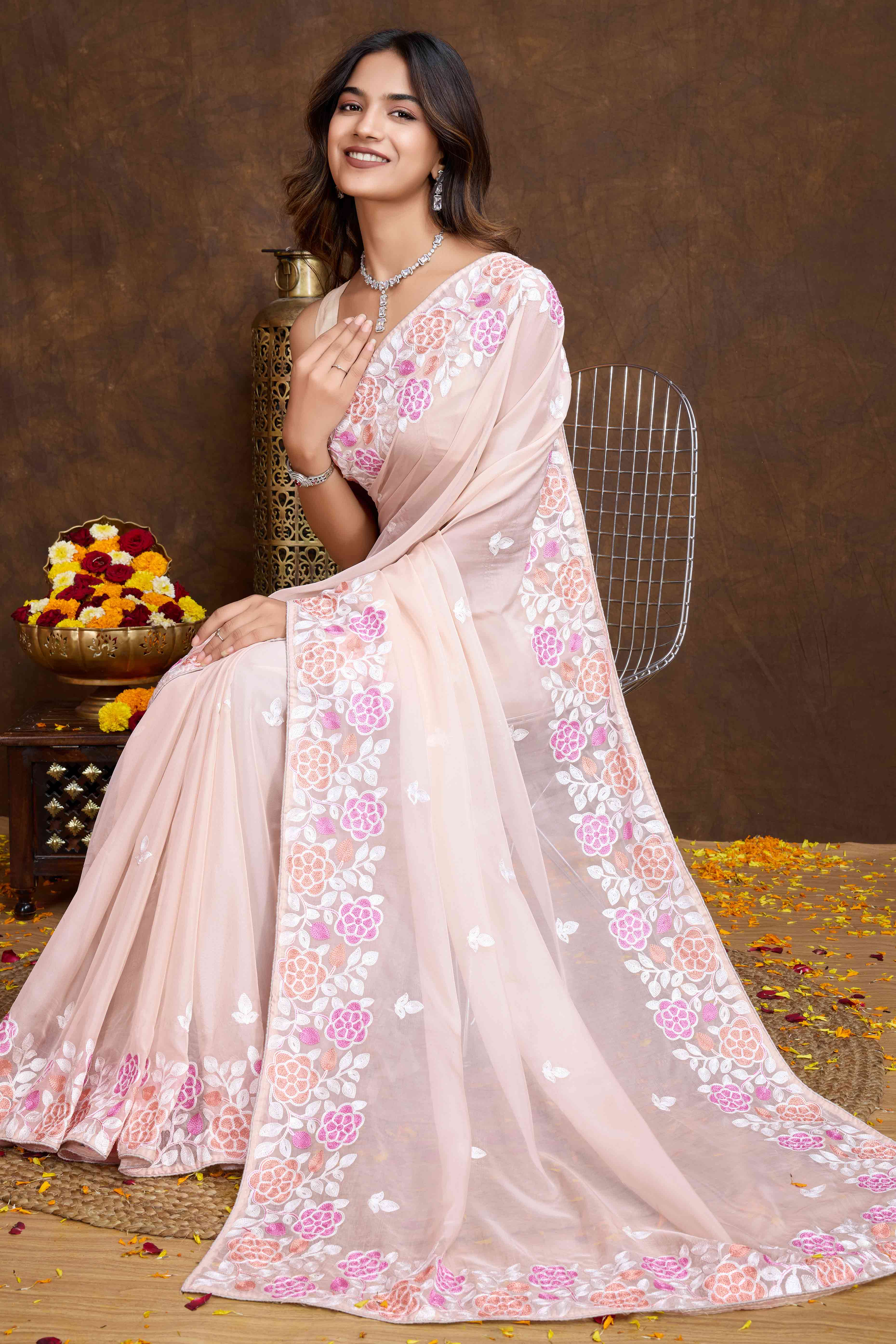 Light Peach Floral Sequins Embroidered Organza Silk Saree