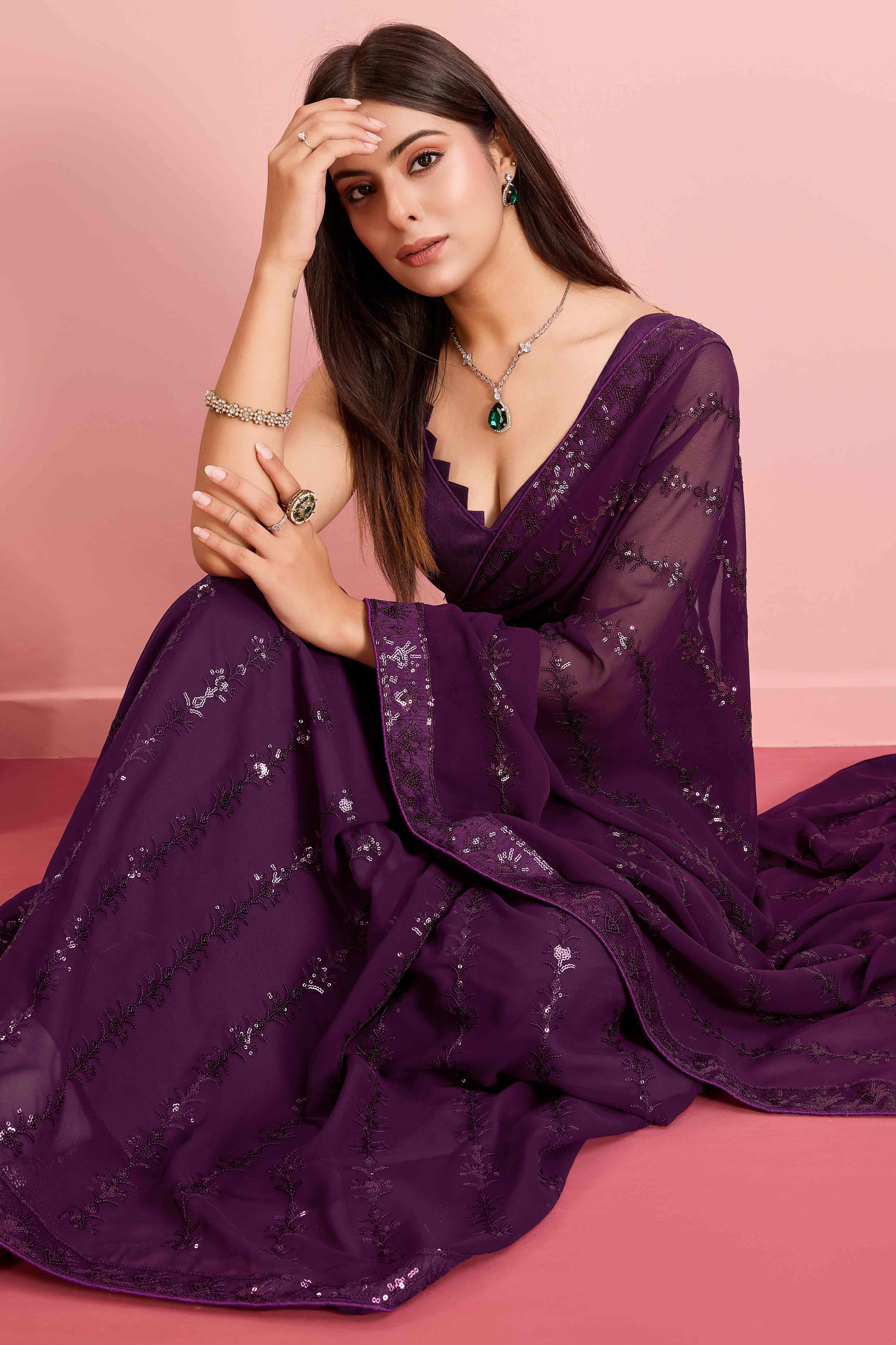 Wine Floral Sequins Embroidered Georgette Saree