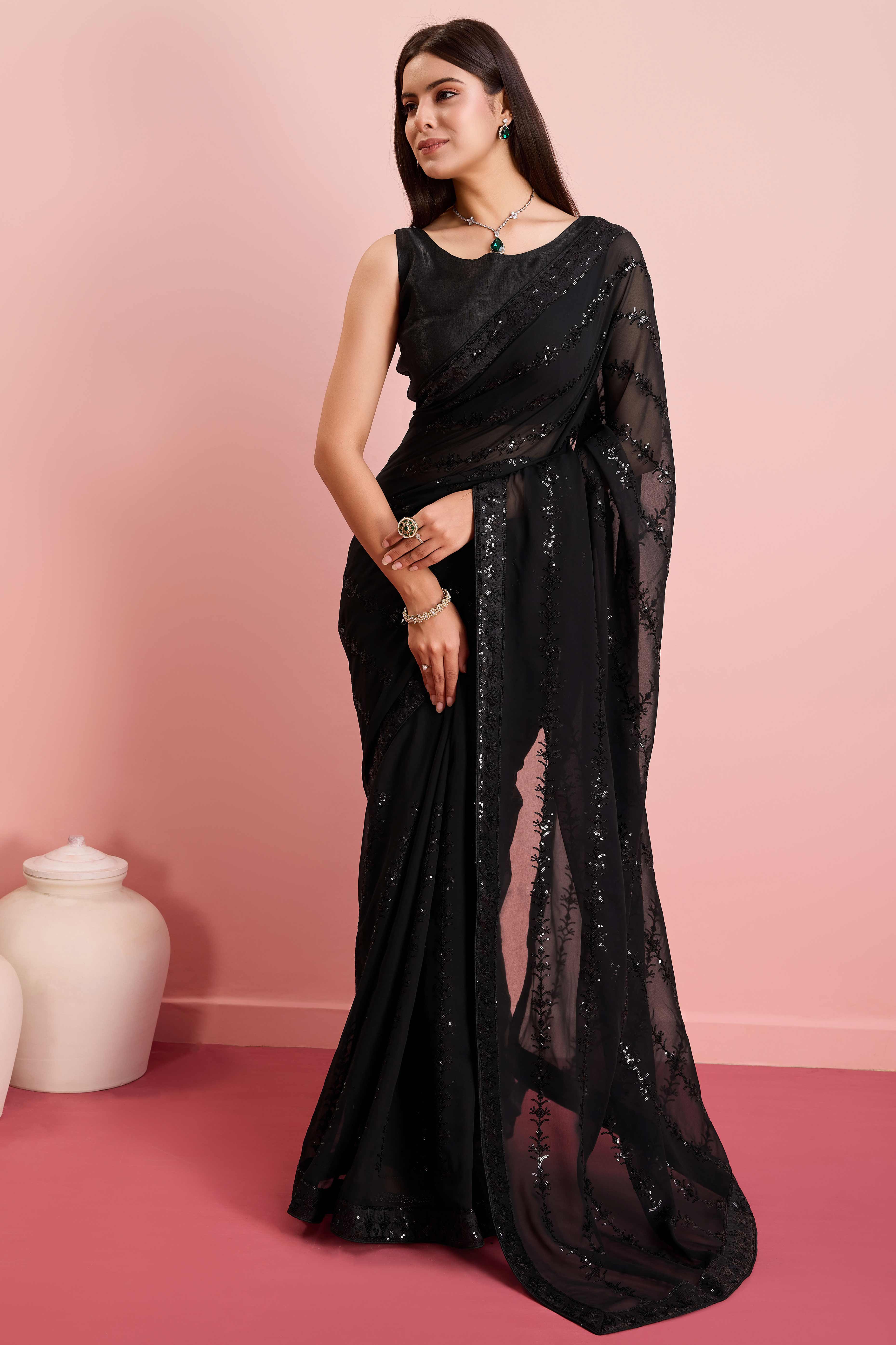 Black Floral Sequins Embroidered Georgette Saree