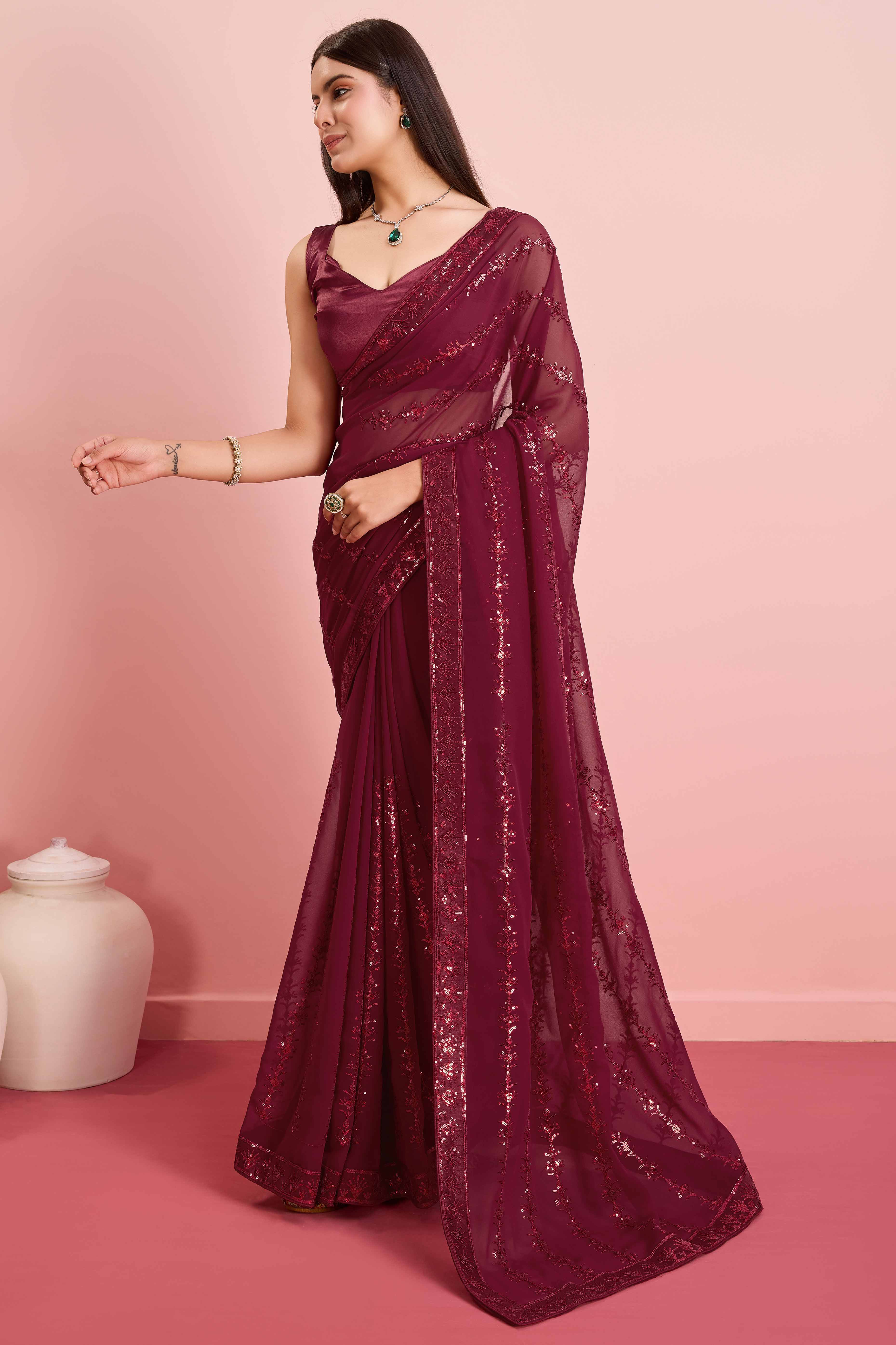 Maroon Floral Sequins Embroidered Georgette Saree