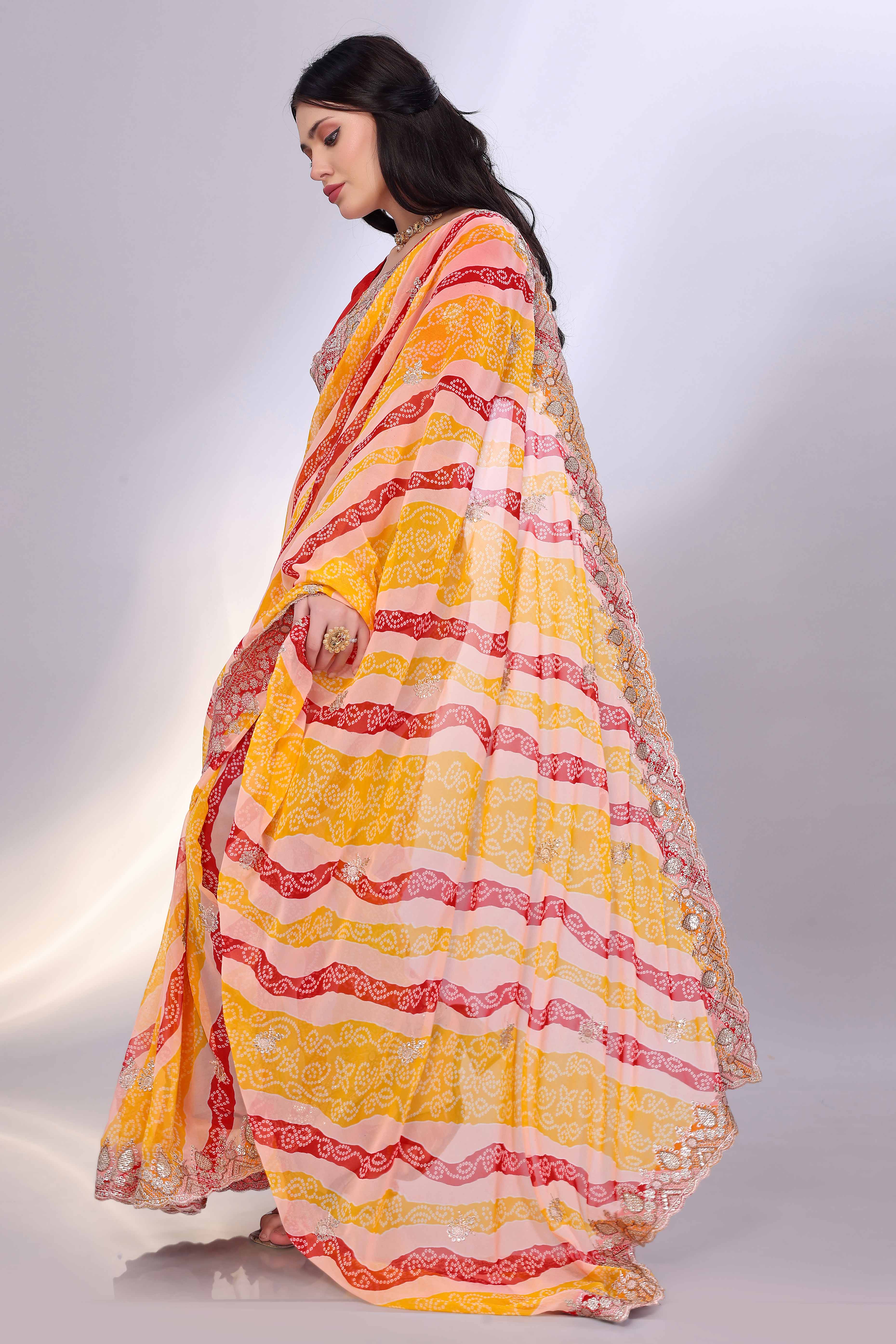 Yellow Georgette Saree Showcasing Bandhani Print & Delicate Floral Sequins Embroidery