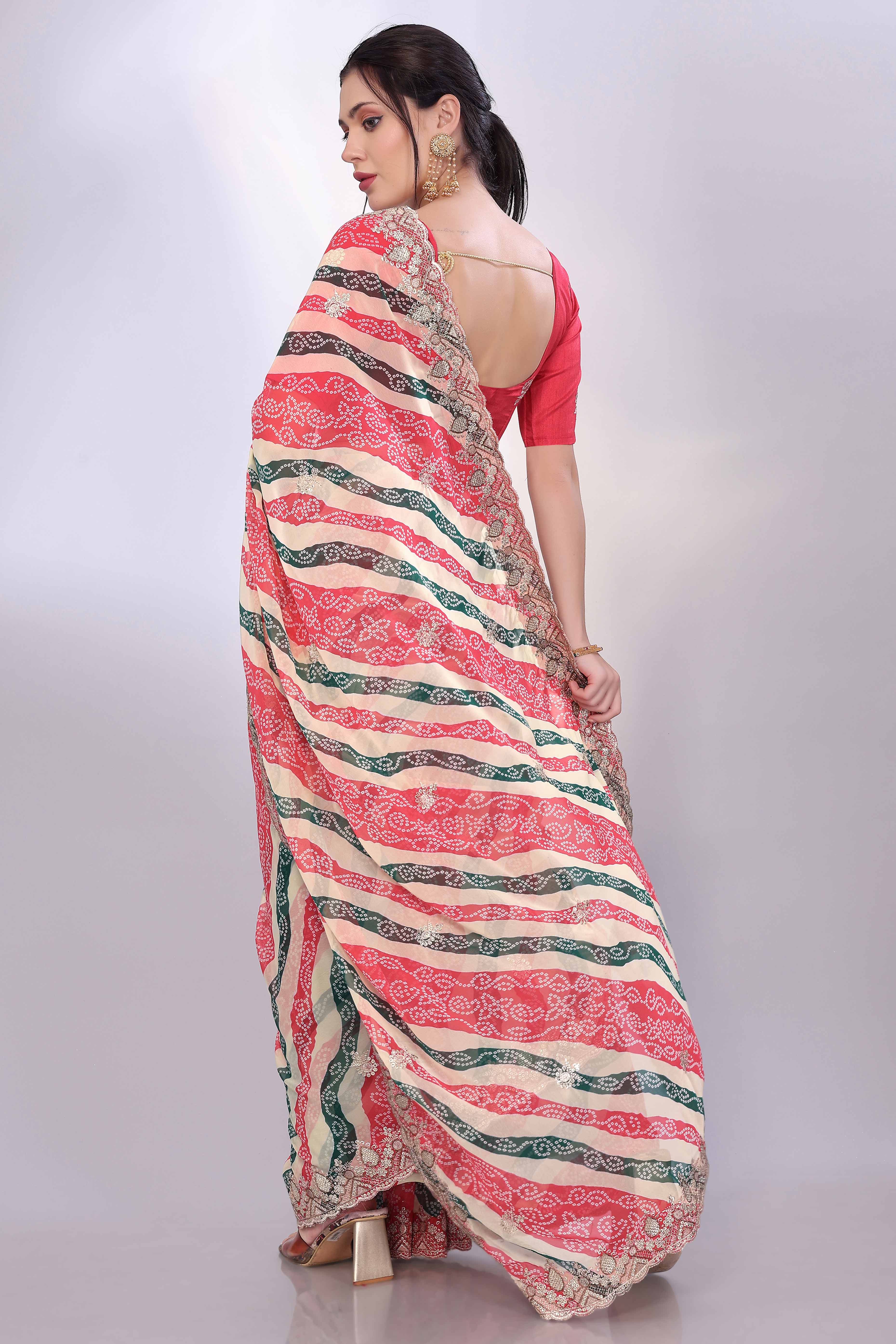 9Multicolor Georgette Saree Showcasing Bandhani Print & Delicate Floral Sequins Embroidery