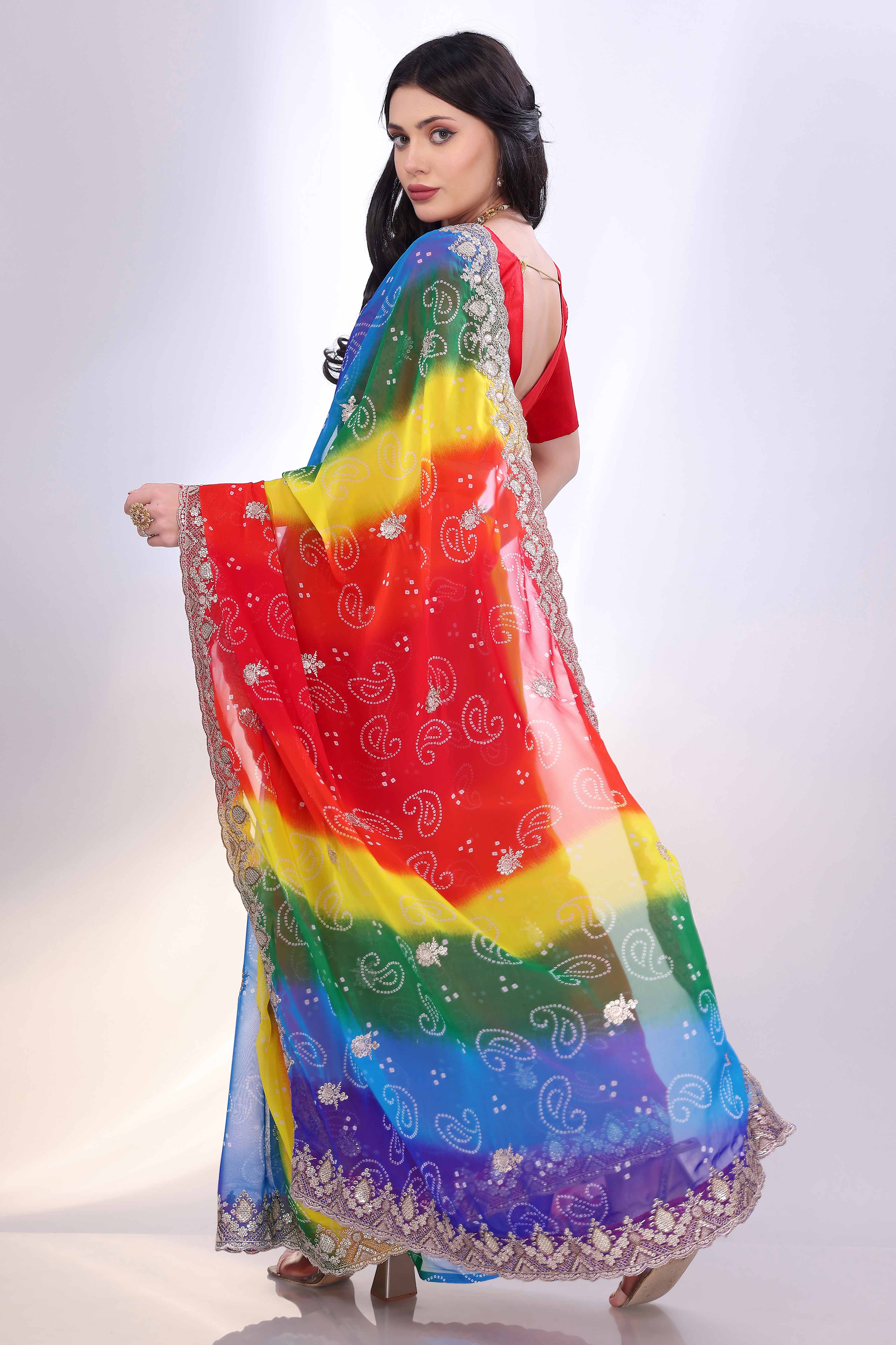 Multicolor Georgette Saree Showcasing Bandhani Print & Delicate Floral Sequins Embroidery