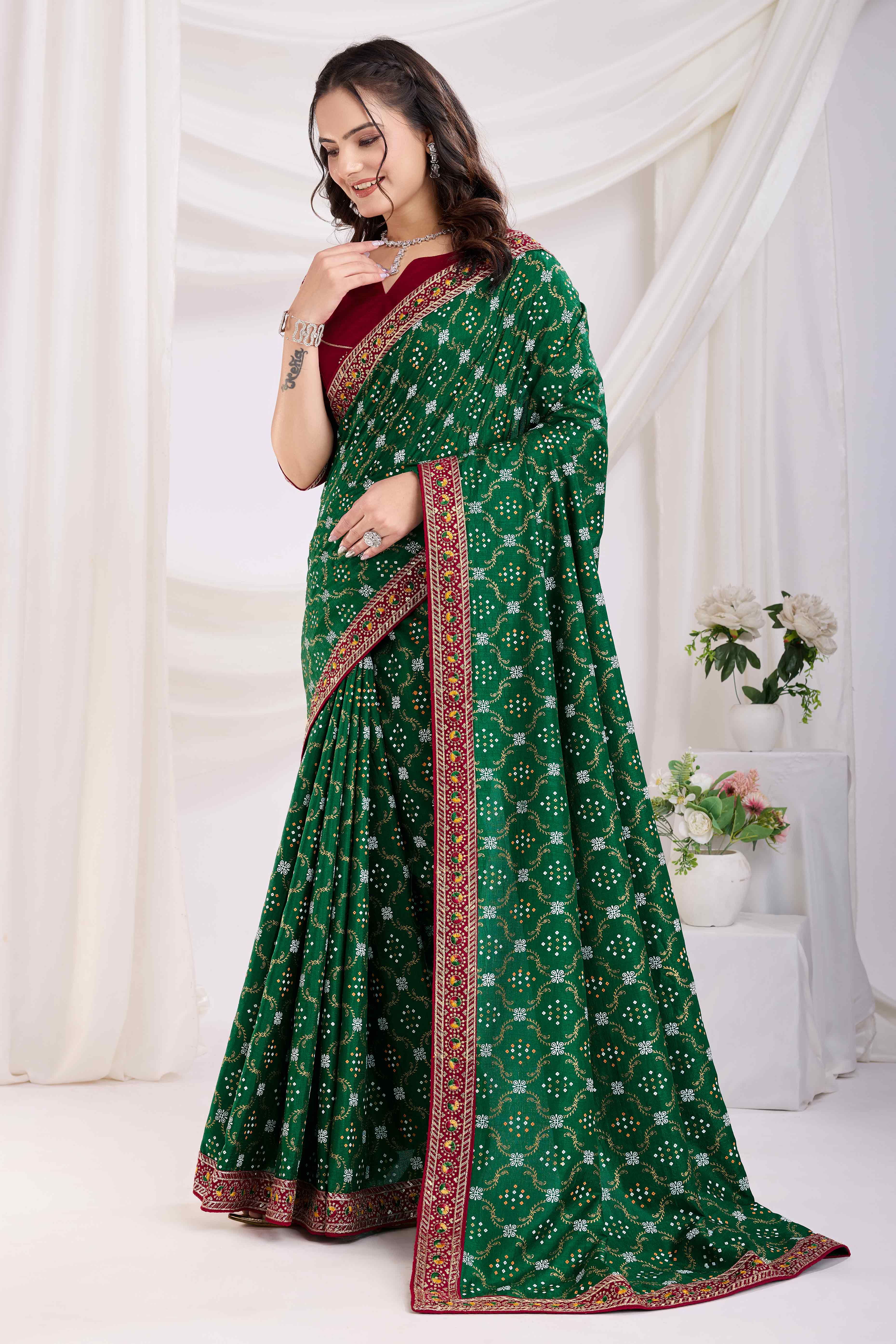 Bottle Green Bandhani Printed Vichitra Silk Saree With Embroidery Border
