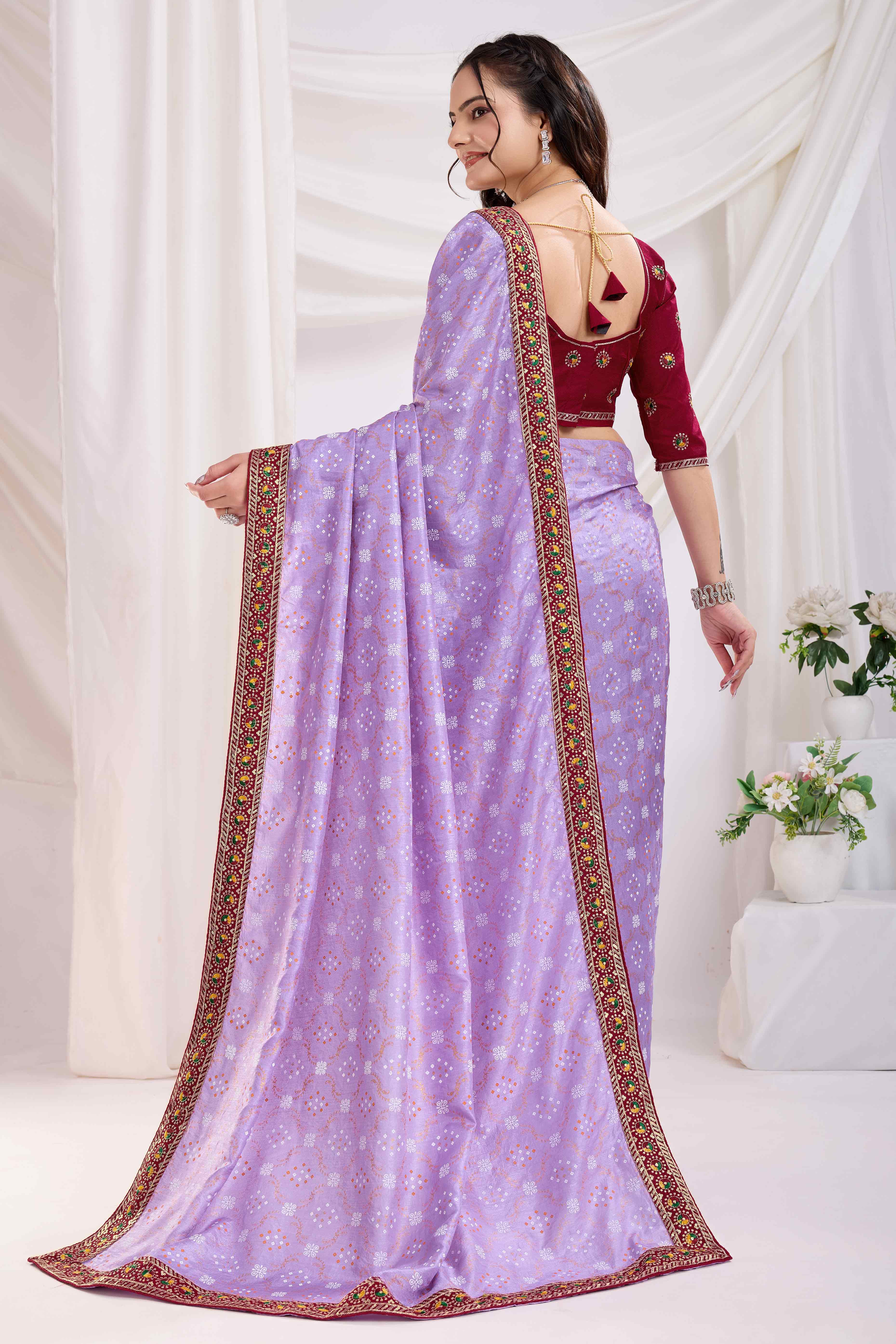 Lavender Bandhani Printed Vichitra Silk Saree With Embroidery Border
