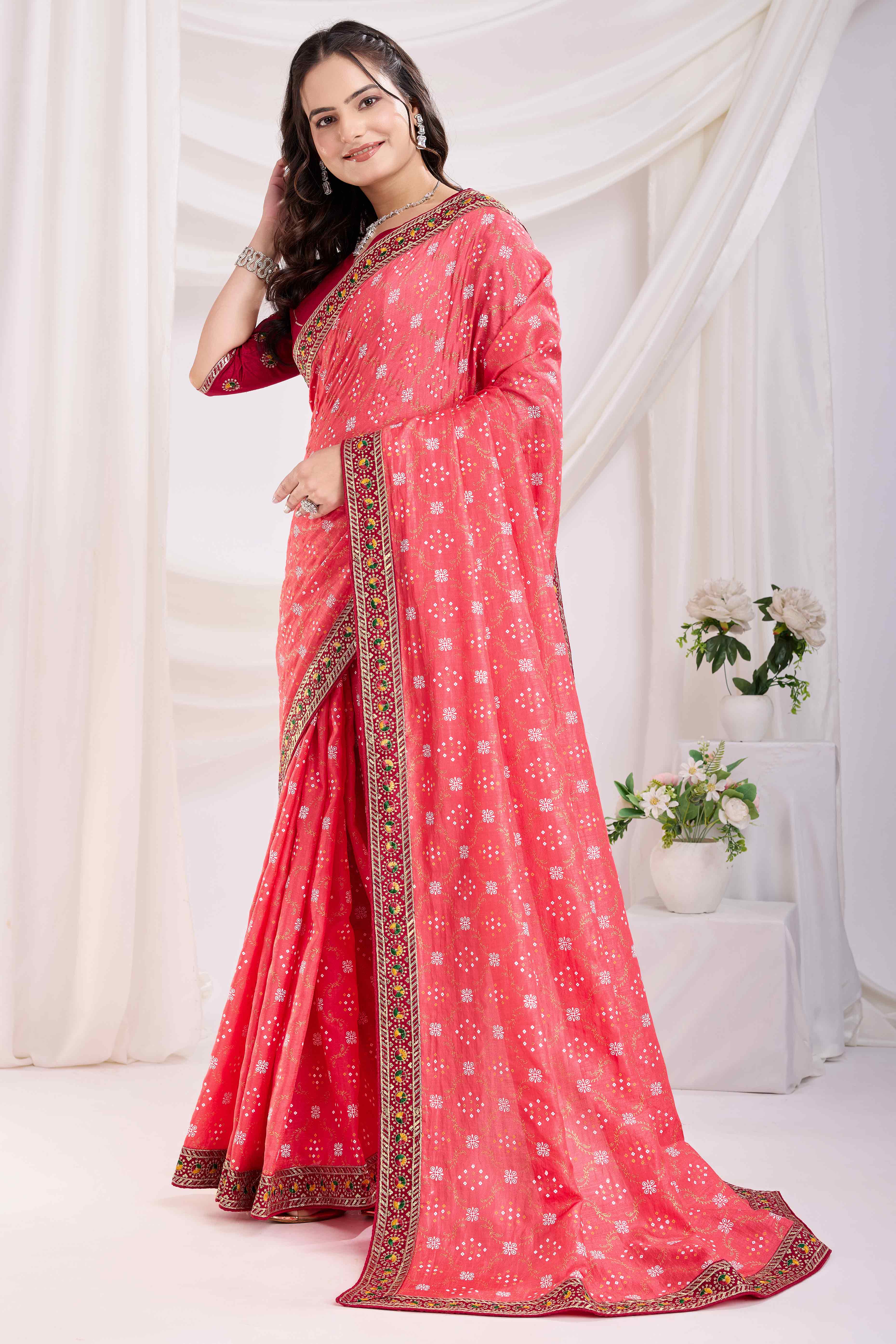 Gajari Pink Bandhani Printed Vichitra Silk Saree With Embroidery Border
