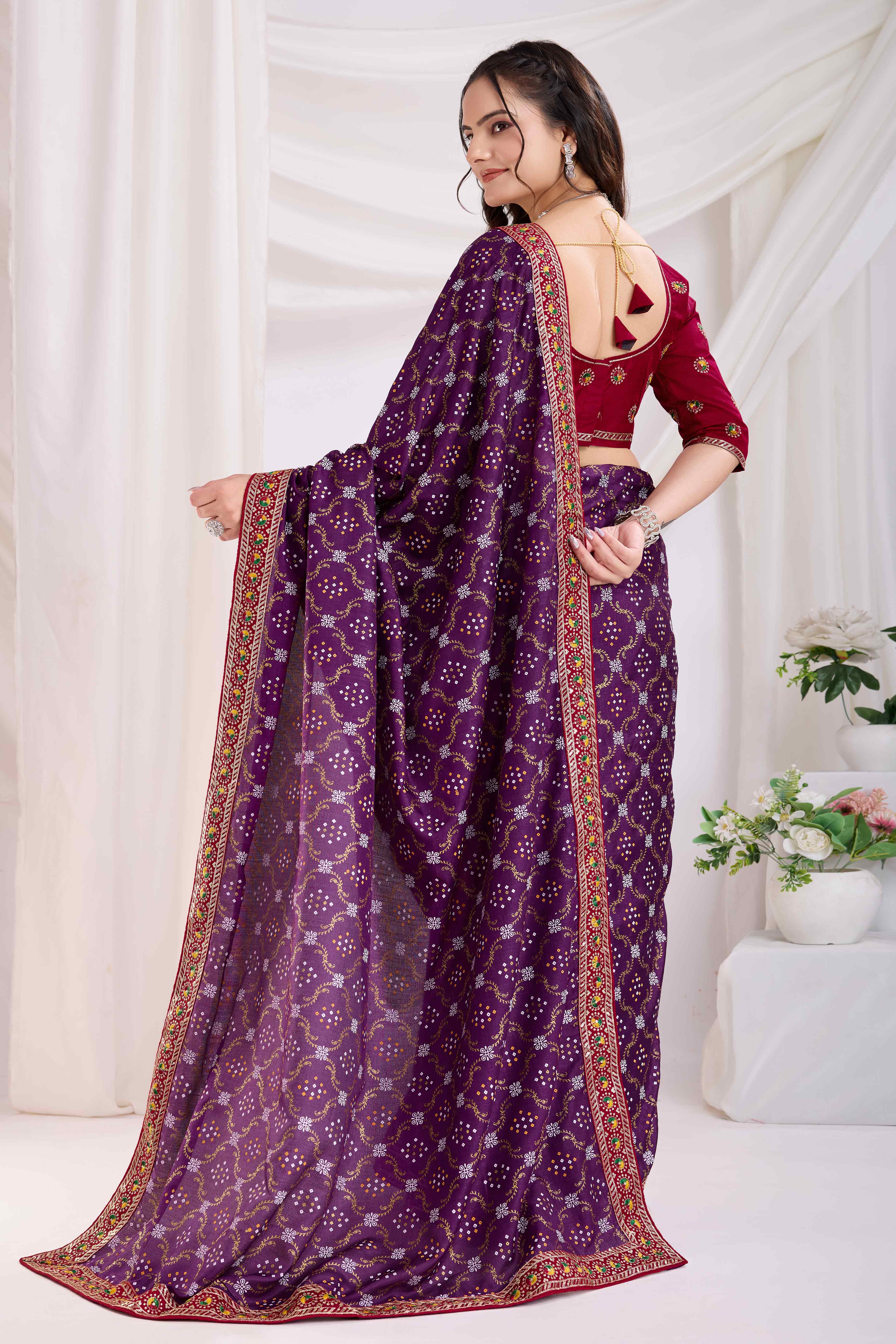 Wine Bandhani Printed Vichitra Silk Saree With Embroidery Border