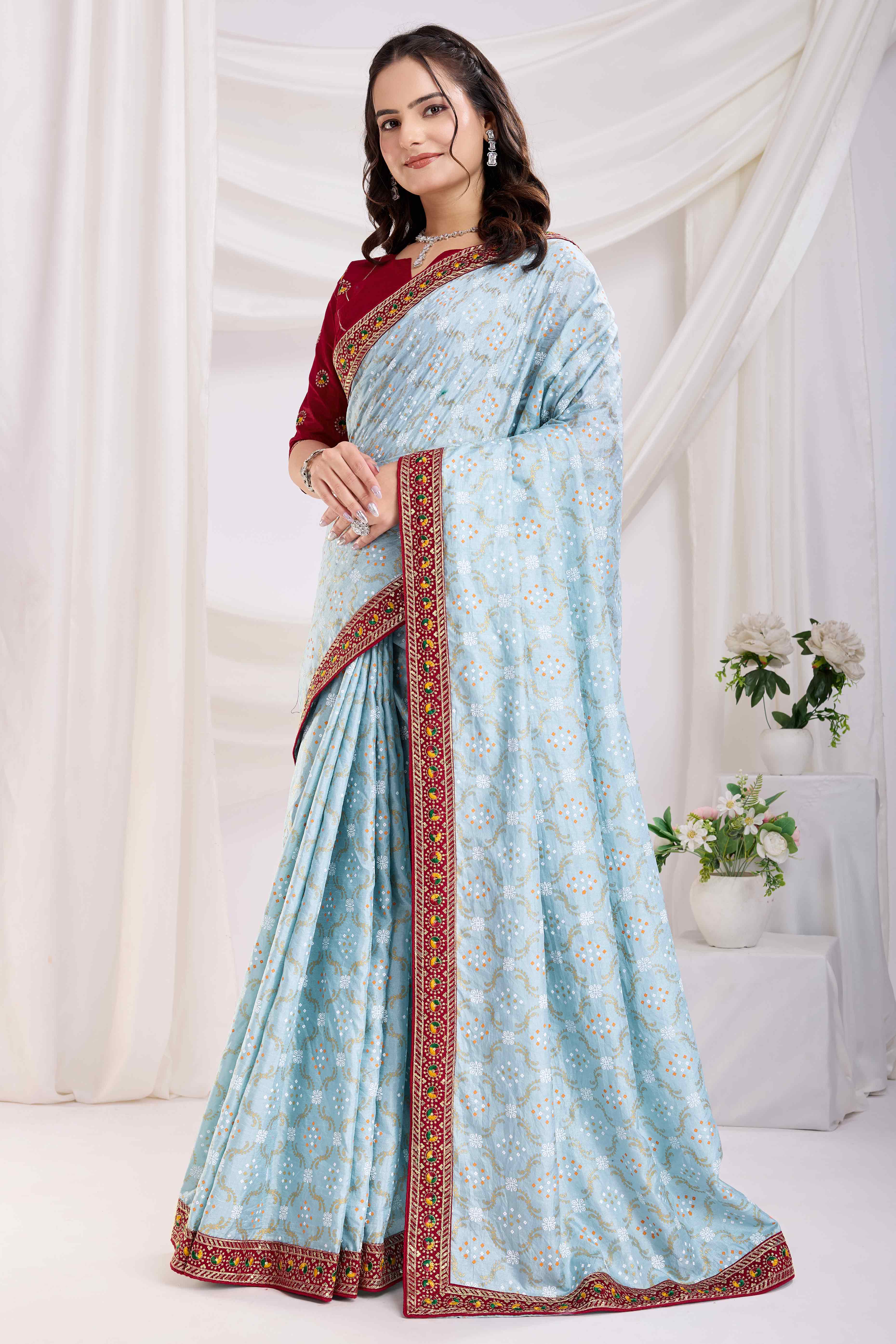 Light Blue Bandhani Printed Vichitra Silk Saree With Embroidery Border