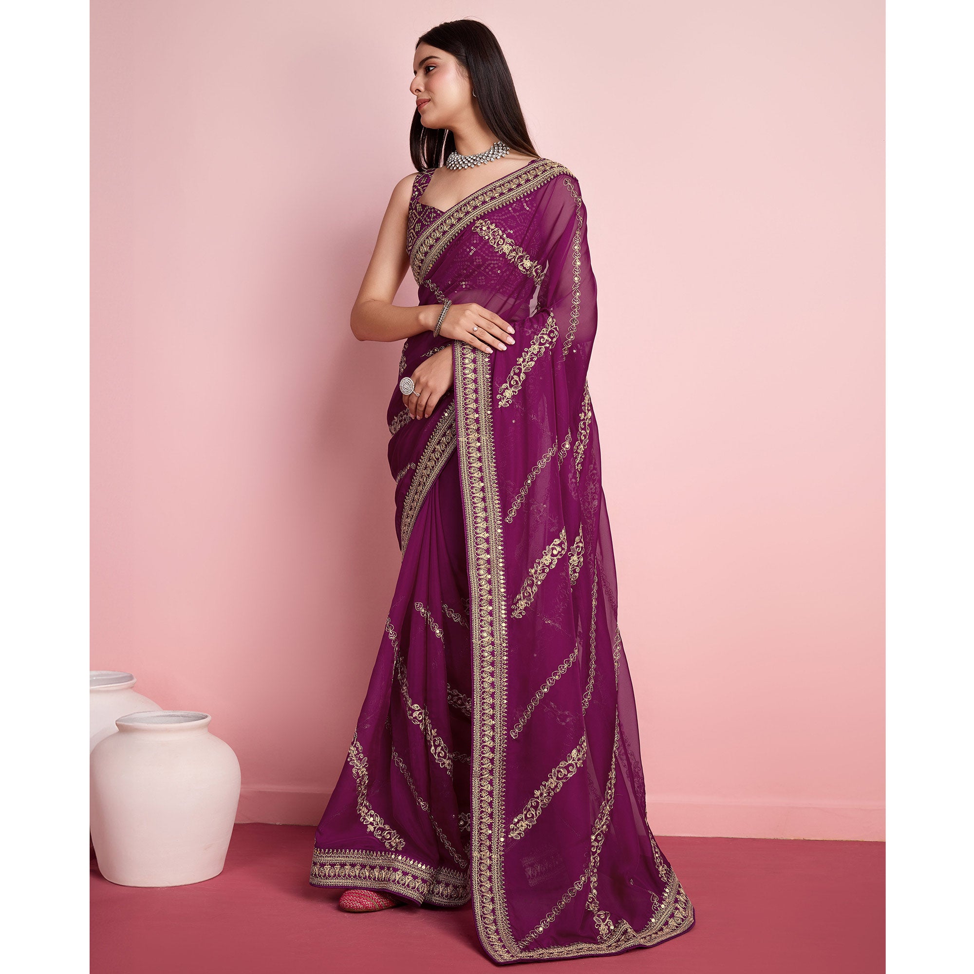 Purple Floral Sequins Embroidered Organza Saree