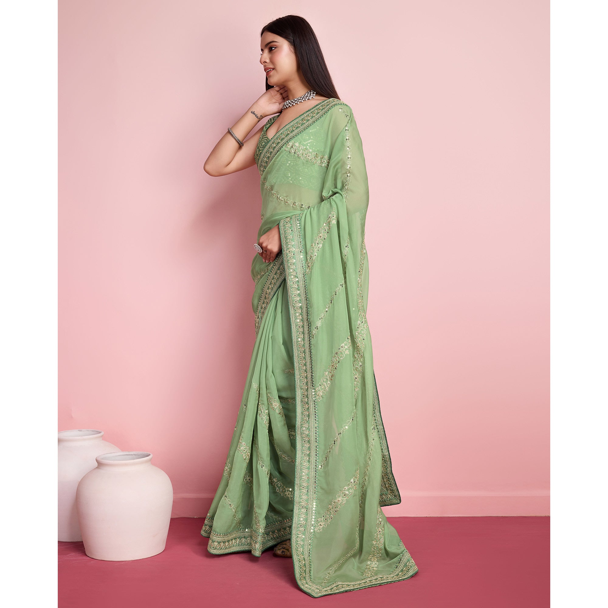 Green Floral Sequins Embroidered Organza Saree