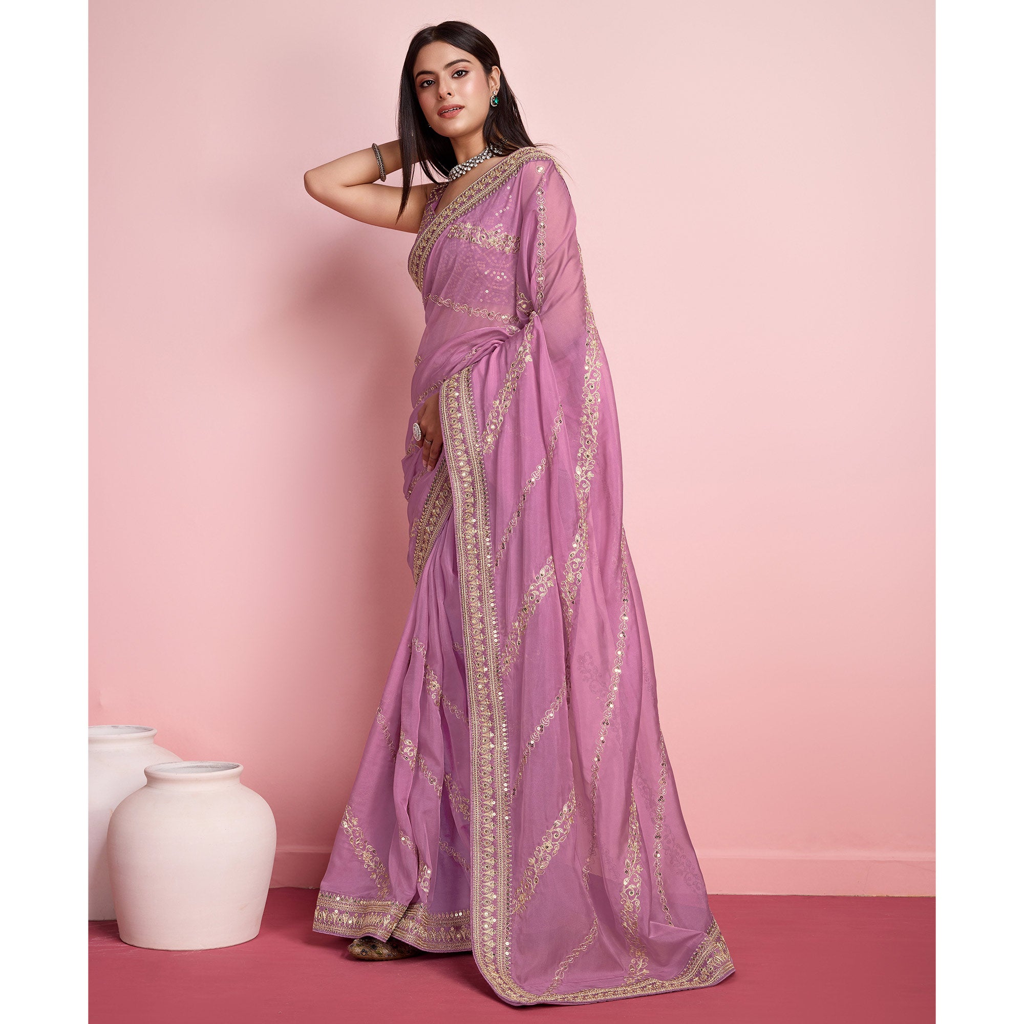 Pink Floral Sequins Embroidered Organza Saree
