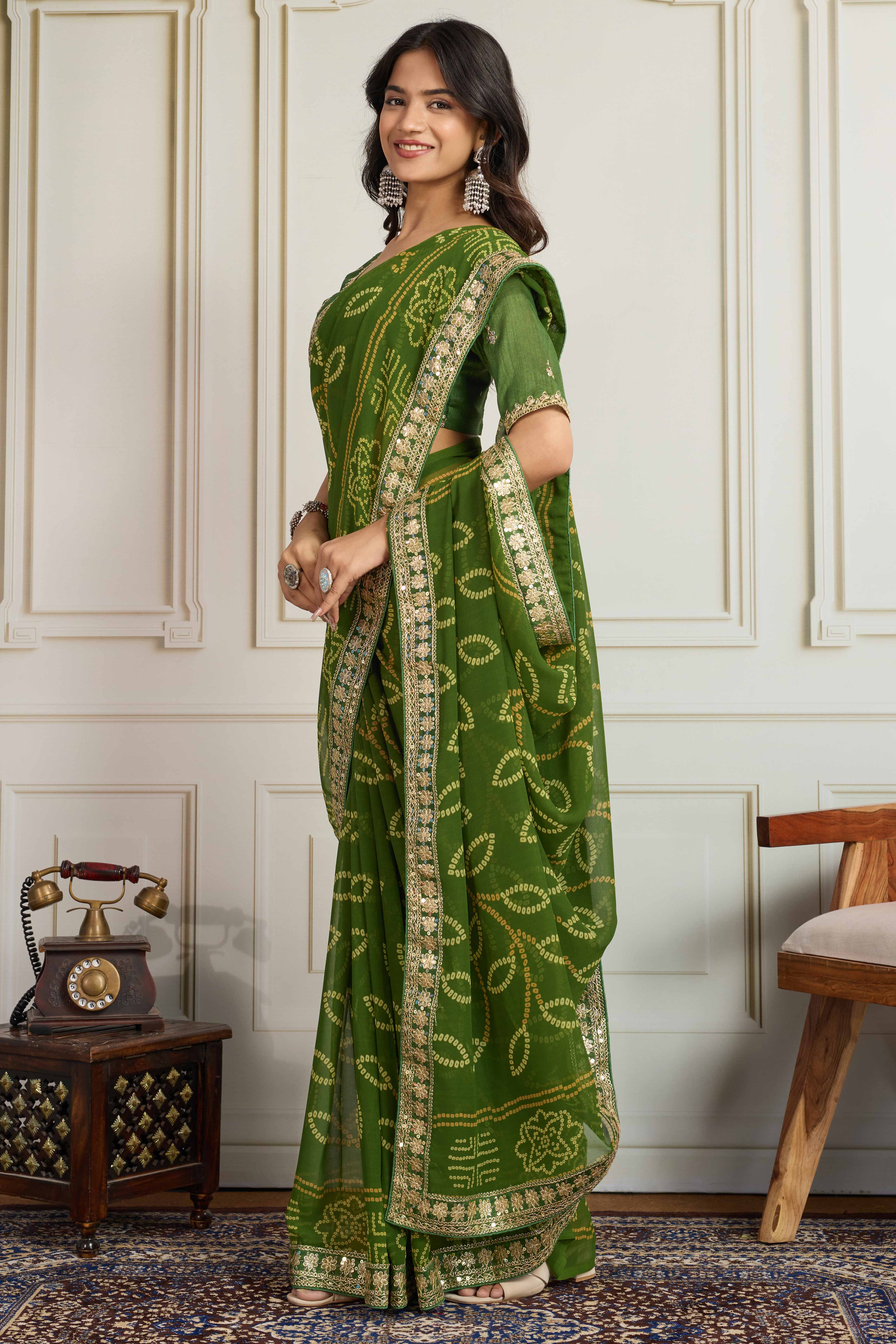 Green Bandhani Digital Printed Georgette Saree Enhanced With Cording Embroidered Border