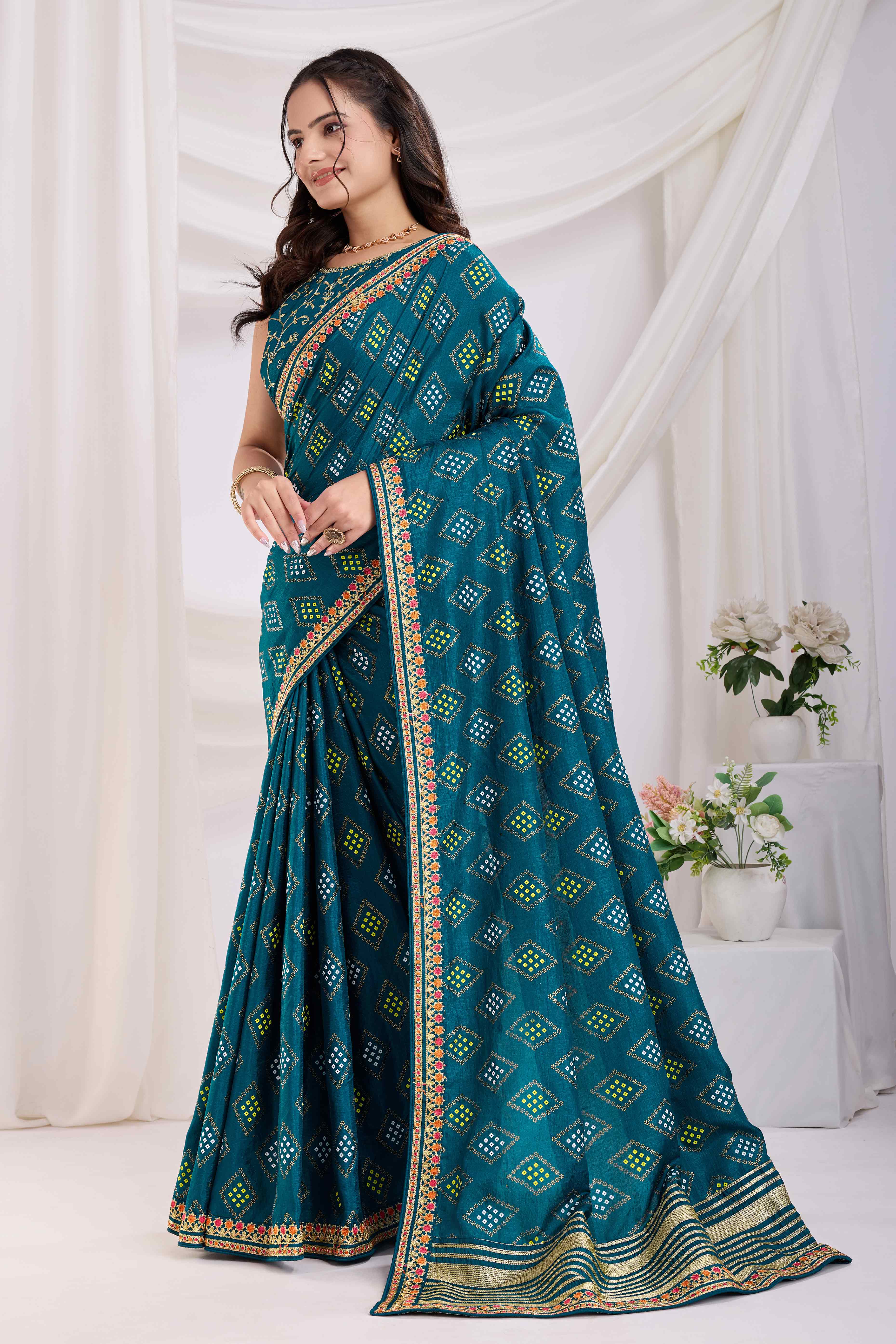Teal Bandhani Printed Vichitra Silk Saree With Embroidery Border