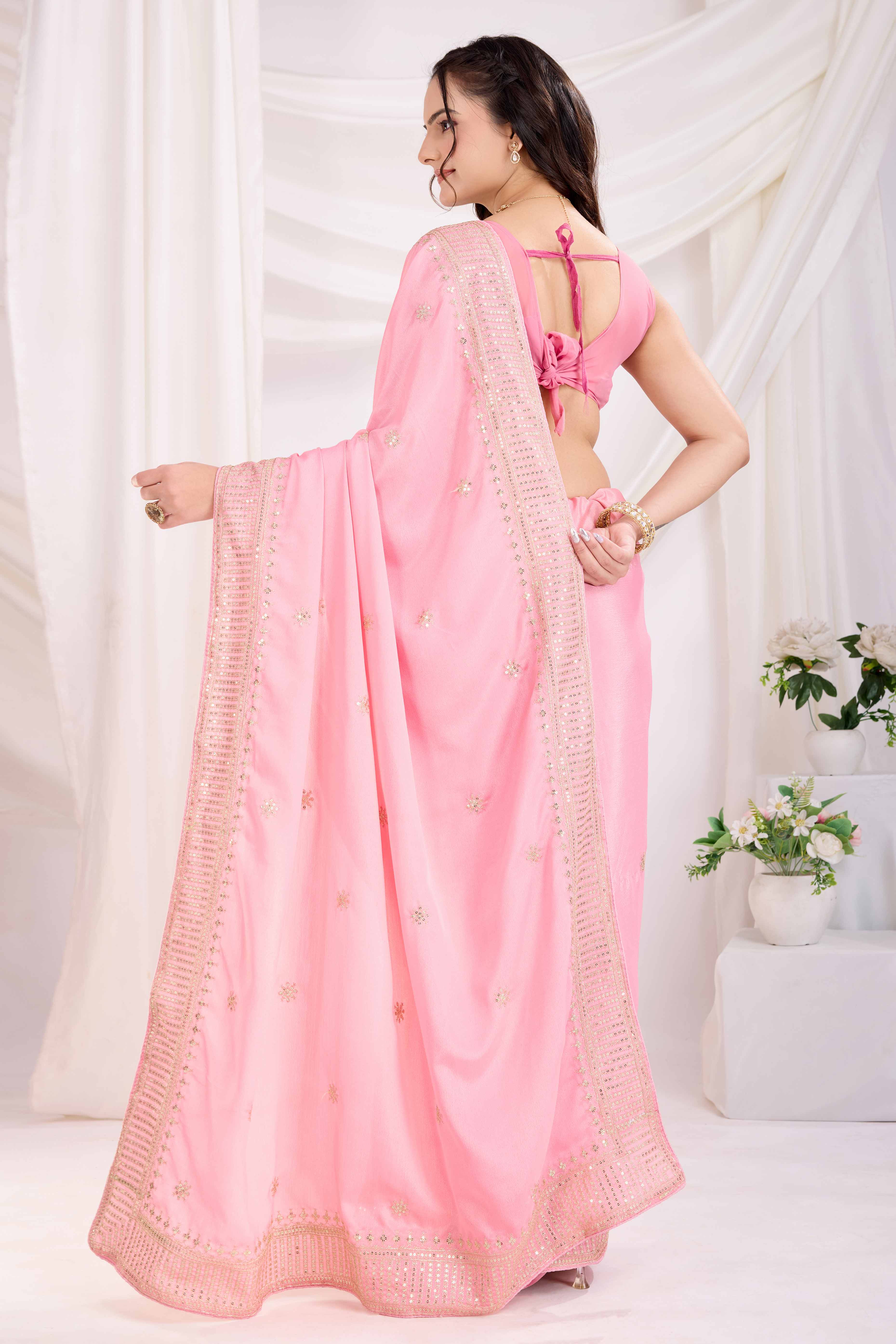 Pink Saree In Chinon Silk Featuring Delicate Floral Embroidery & Sparkling Sequins