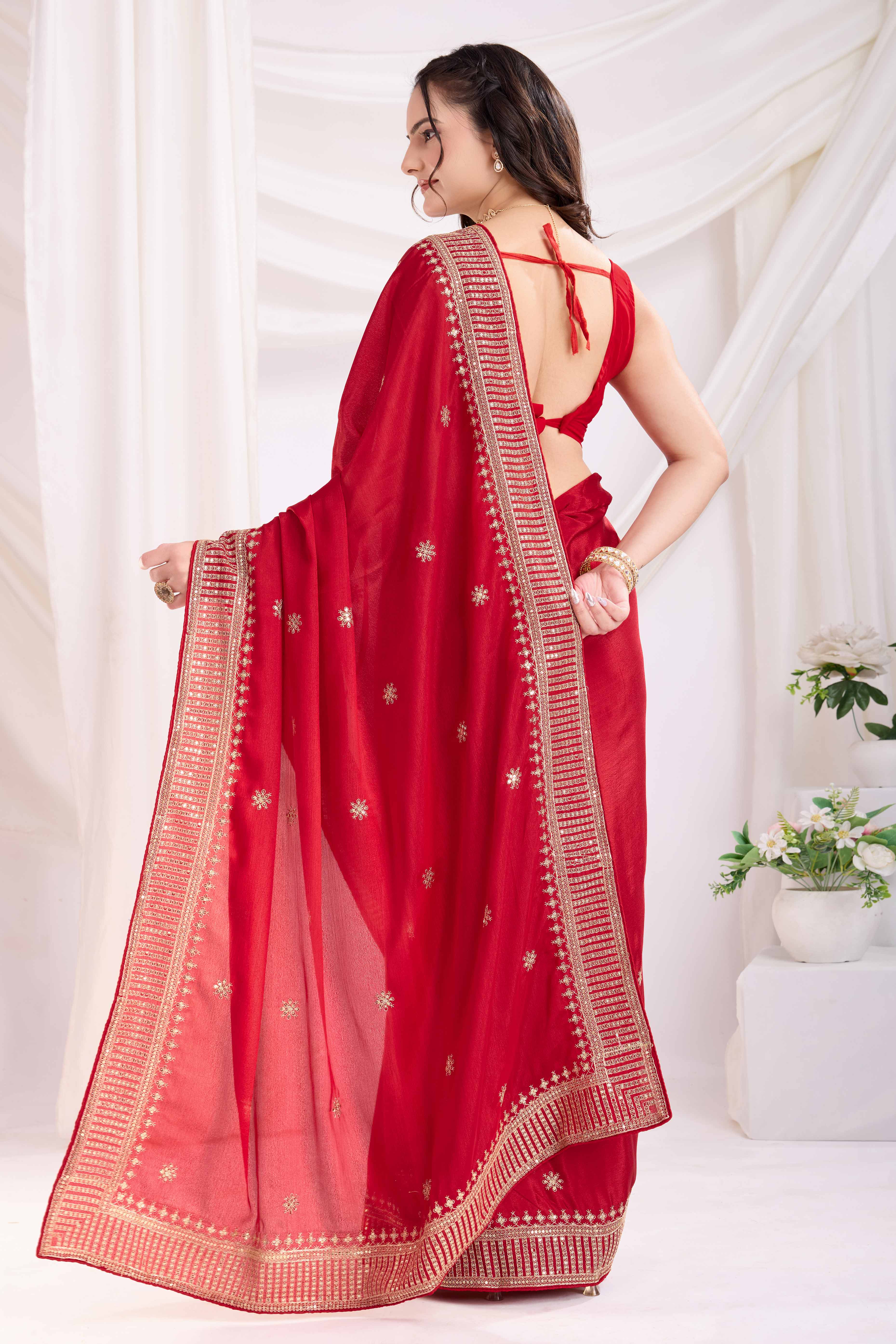 Red Saree In Chinon Silk Featuring Delicate Floral Embroidery & Sparkling Sequins