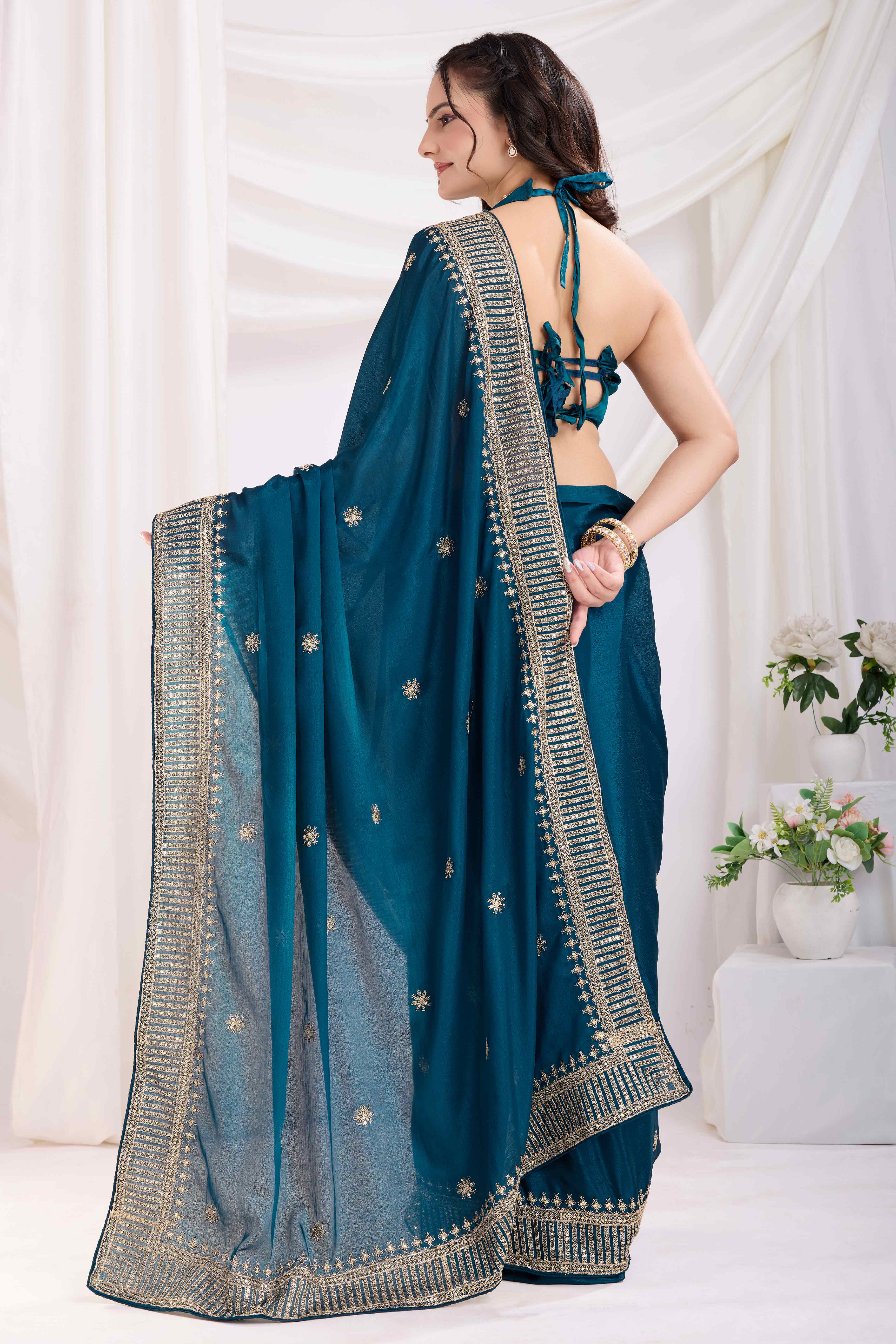 Teal Saree In Chinon Silk Featuring Delicate Floral Embroidery & Sparkling Sequins